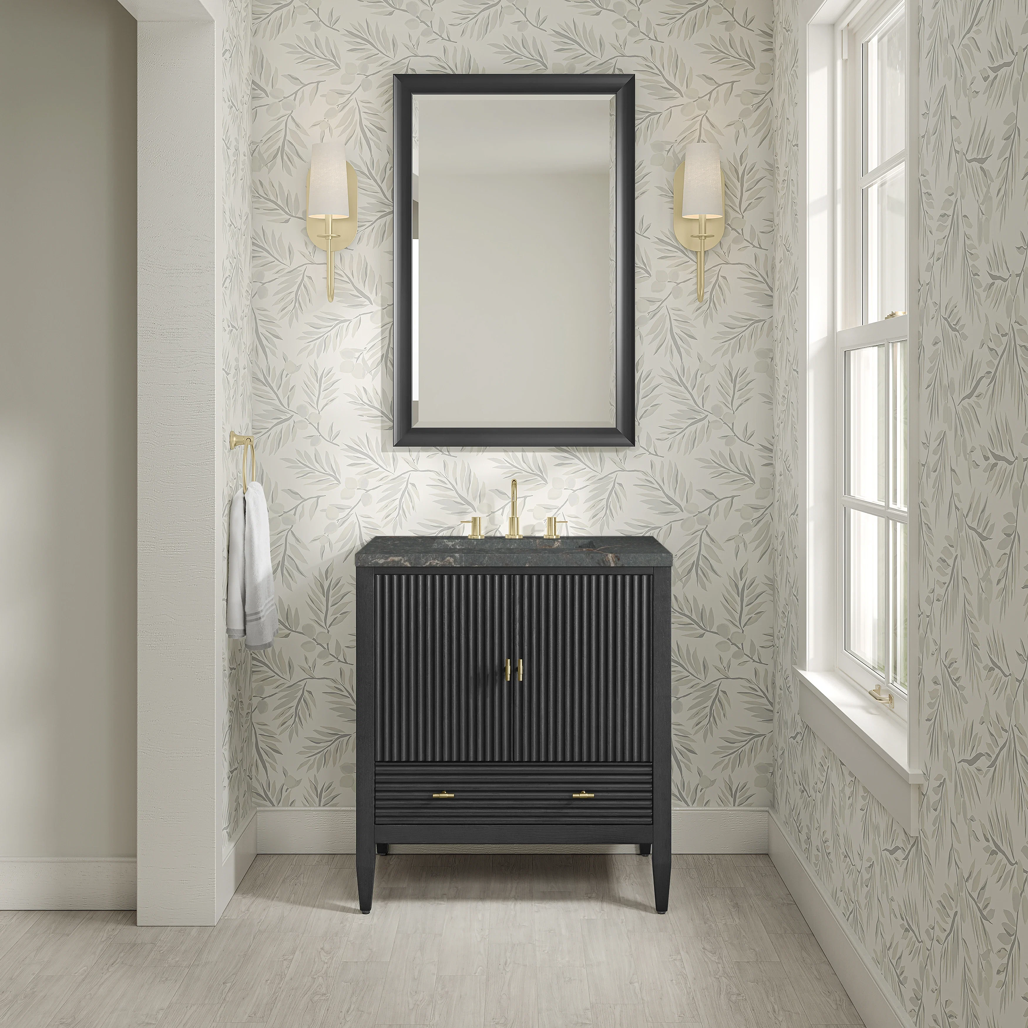 Myrrin 30" Single Vanity, Carbon Oak w/ 3 CM Parisien Bleu Silestone Top