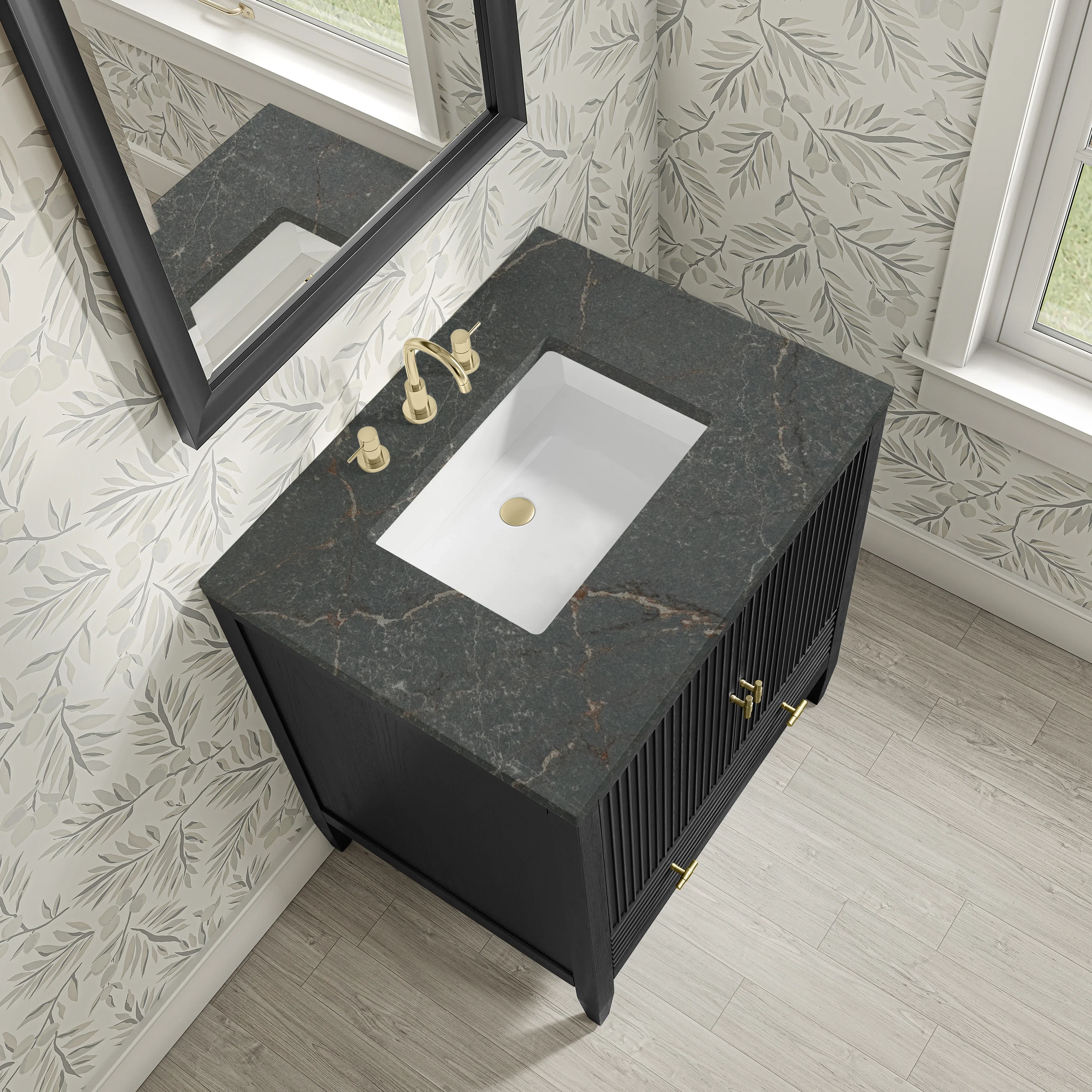 Myrrin 30" Single Vanity, Carbon Oak w/ 3 CM Parisien Bleu Silestone Top