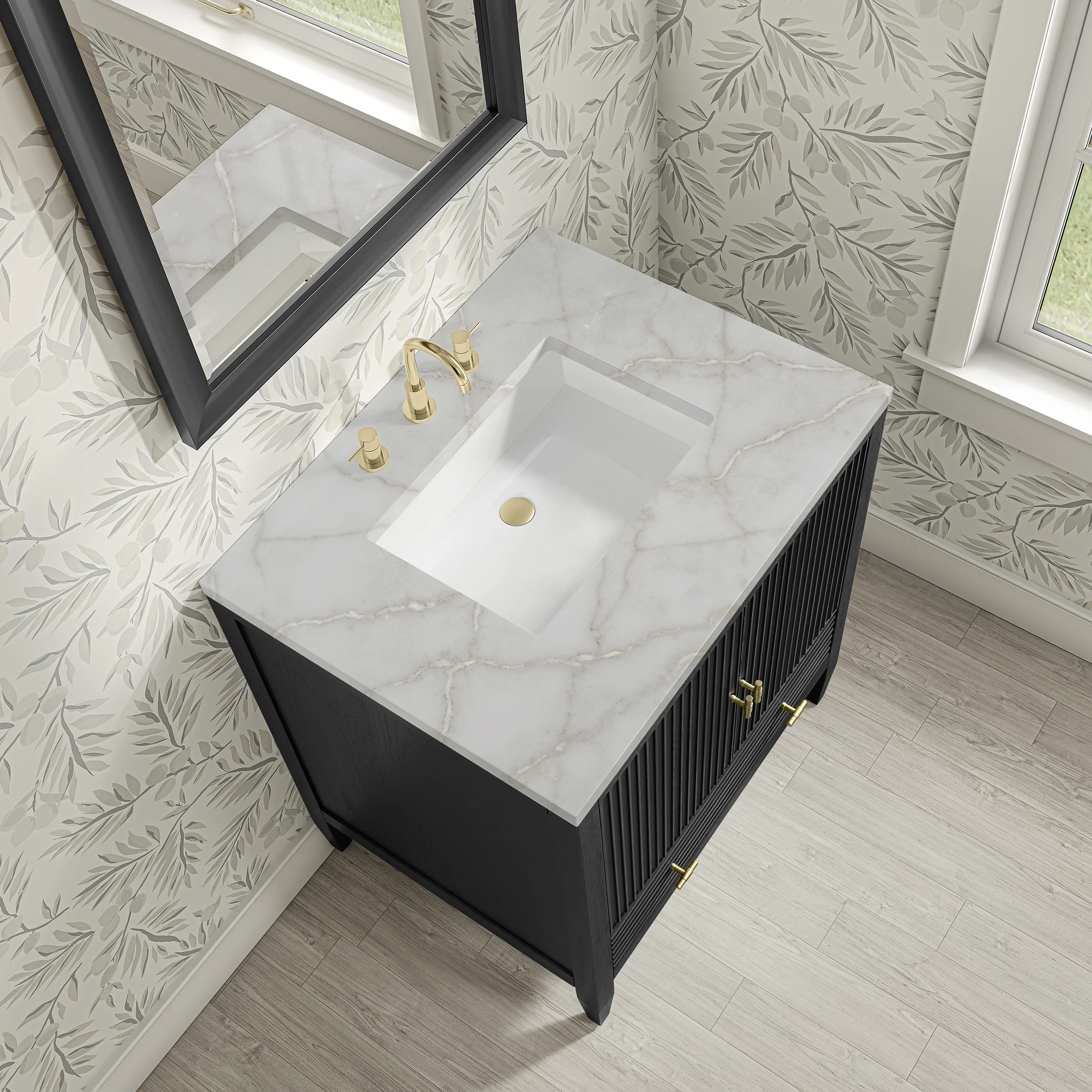 Myrrin 30" Single Vanity, Carbon Oak w/ 3 CM Victorian Silver Silestone Top