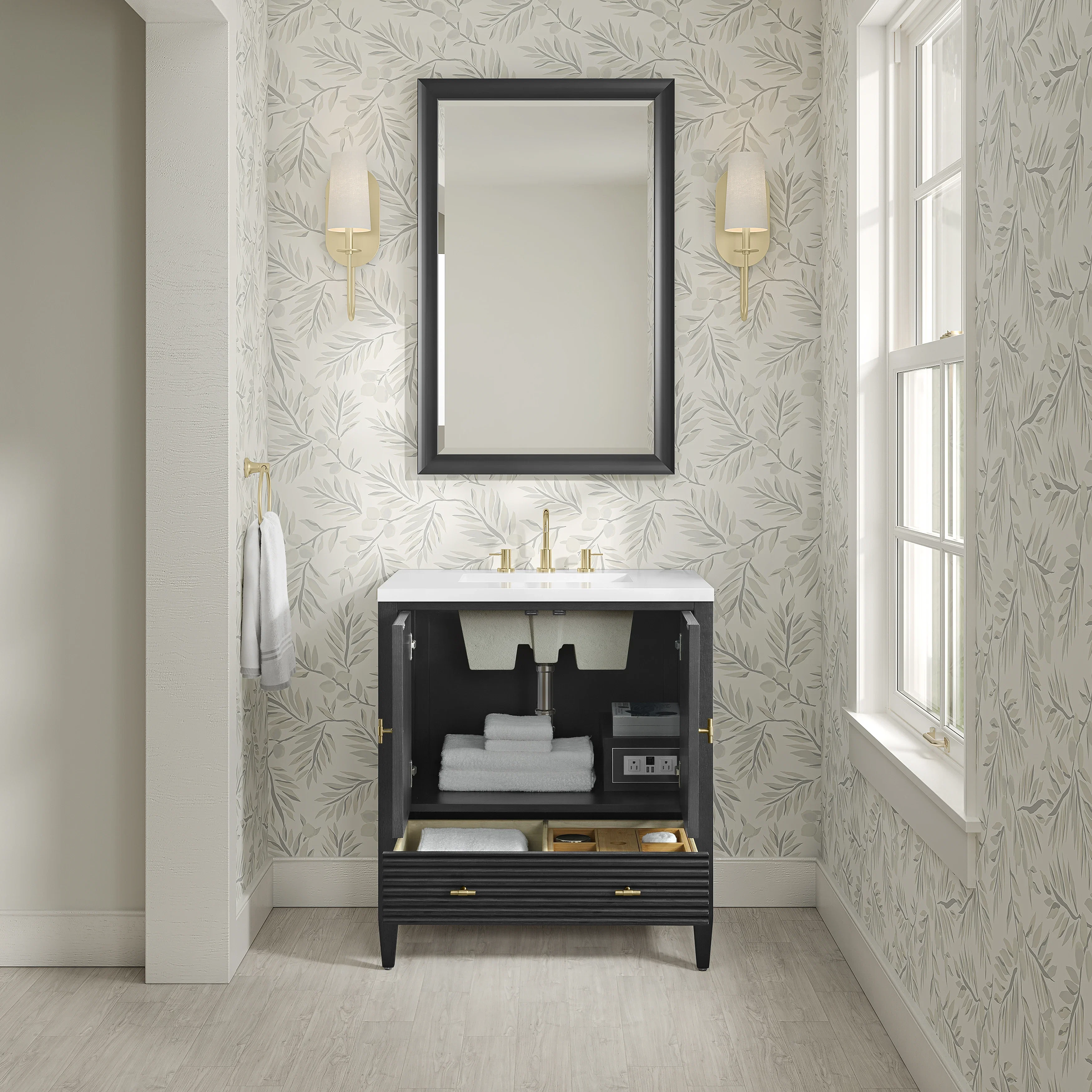 Myrrin 30" Single Vanity, Carbon Oak w/ 3 CM White Zeus Silestone Top
