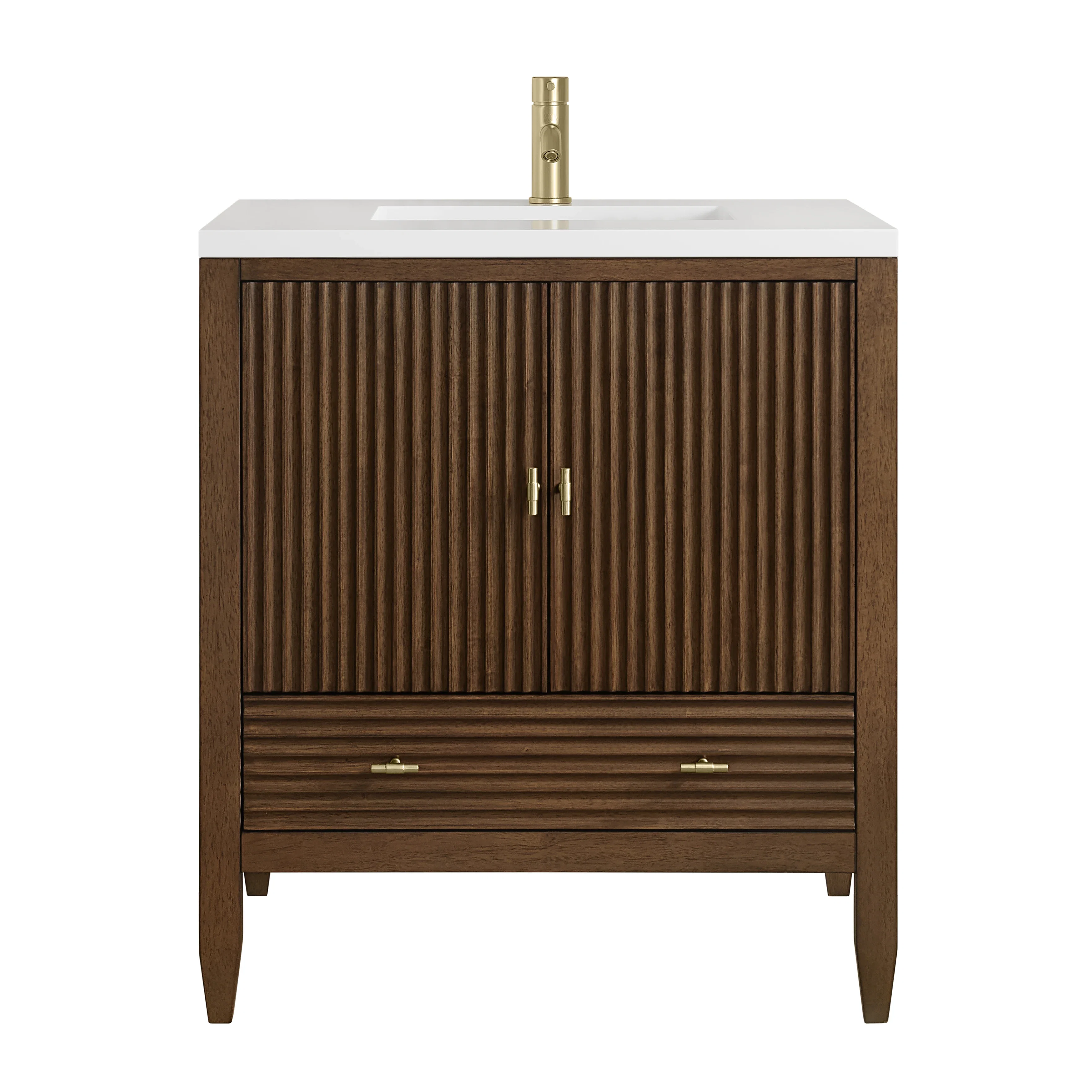 Myrrin 30" Single Vanity, Mid-Century Walnut w/ Single Hole 3 CM White Zeus Silestone Top and Matching Backsplash