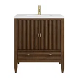 Myrrin 30" Single Vanity, Mid-Century Walnut w/ Single Hole 3 CM White Zeus Silestone Top and Matching Backsplash