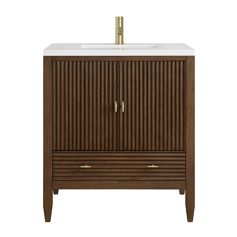 Myrrin 30" Single Vanity, Mid-Century Walnut w/ Single Hole 3 CM White Zeus Silestone Top and Matching Backsplash