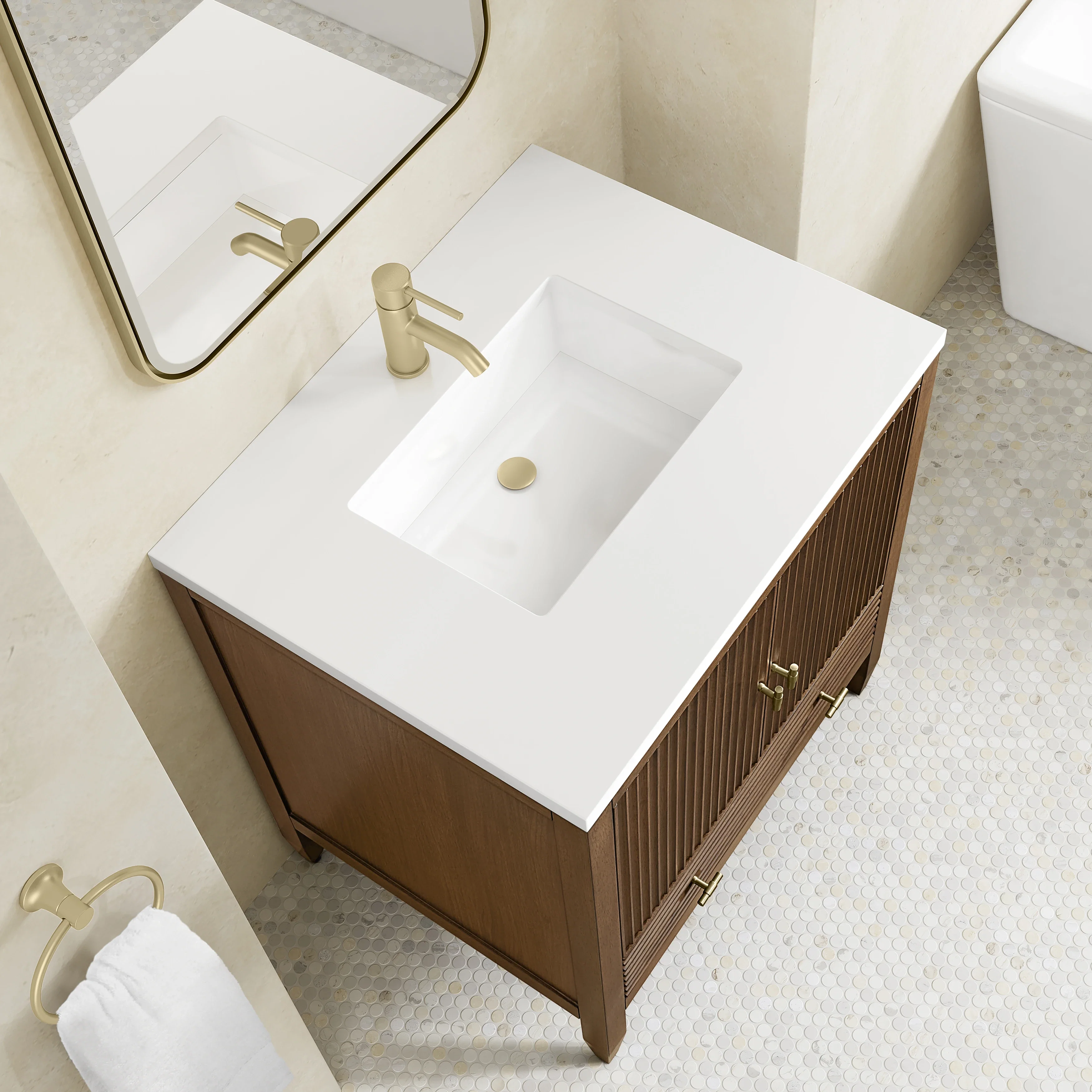 Myrrin 30" Single Vanity, Mid-Century Walnut w/ Single Hole 3 CM White Zeus Silestone Top and Matching Backsplash