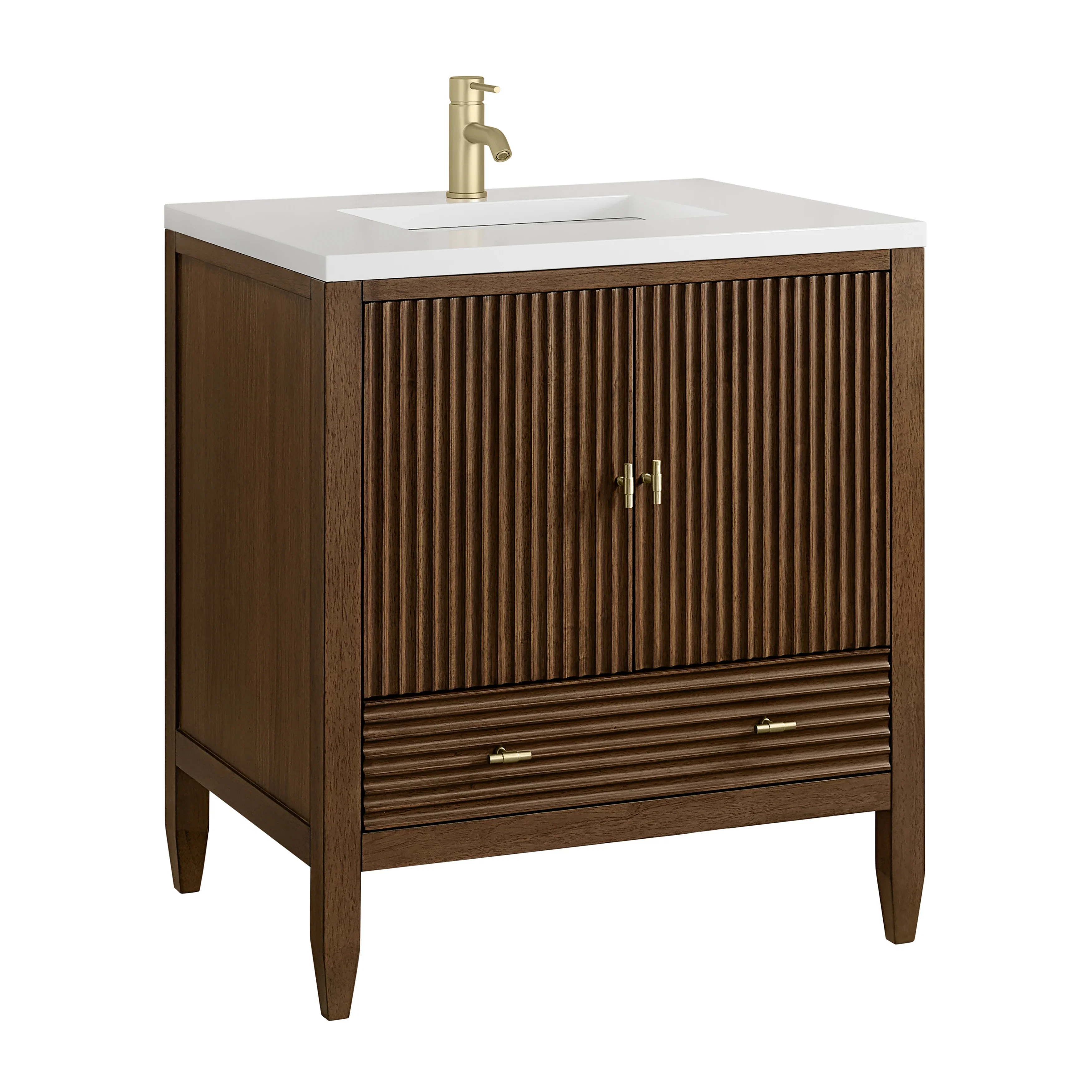 Myrrin 30" Single Vanity, Mid-Century Walnut w/ Single Hole 3 CM White Zeus Silestone Top and Matching Backsplash
