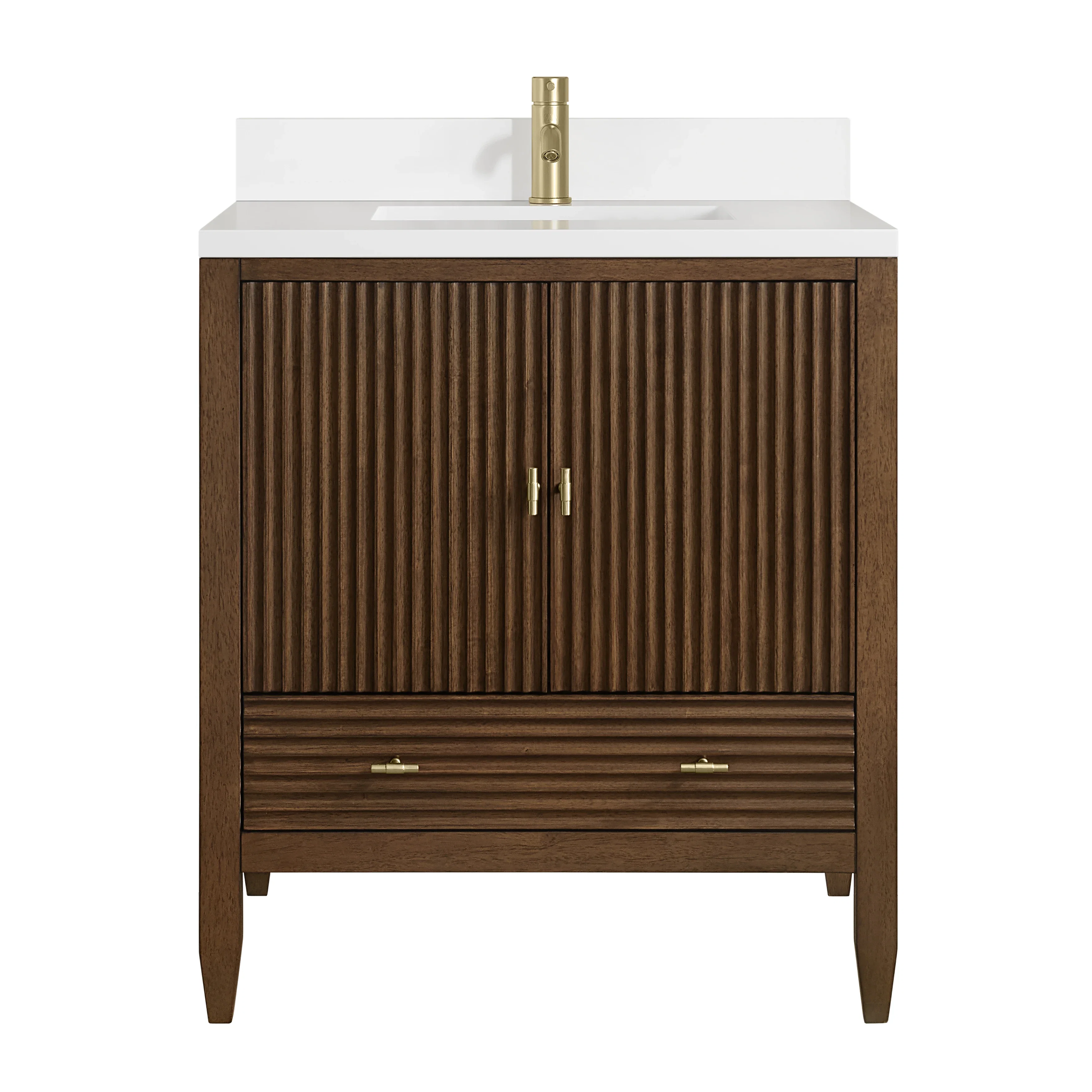 Myrrin 30" Single Vanity, Mid-Century Walnut w/ Single Hole 3 CM White Zeus Silestone Top and Matching Backsplash