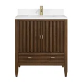 Myrrin 30" Single Vanity, Mid-Century Walnut w/ Single Hole 3 CM White Zeus Silestone Top and Matching Backsplash