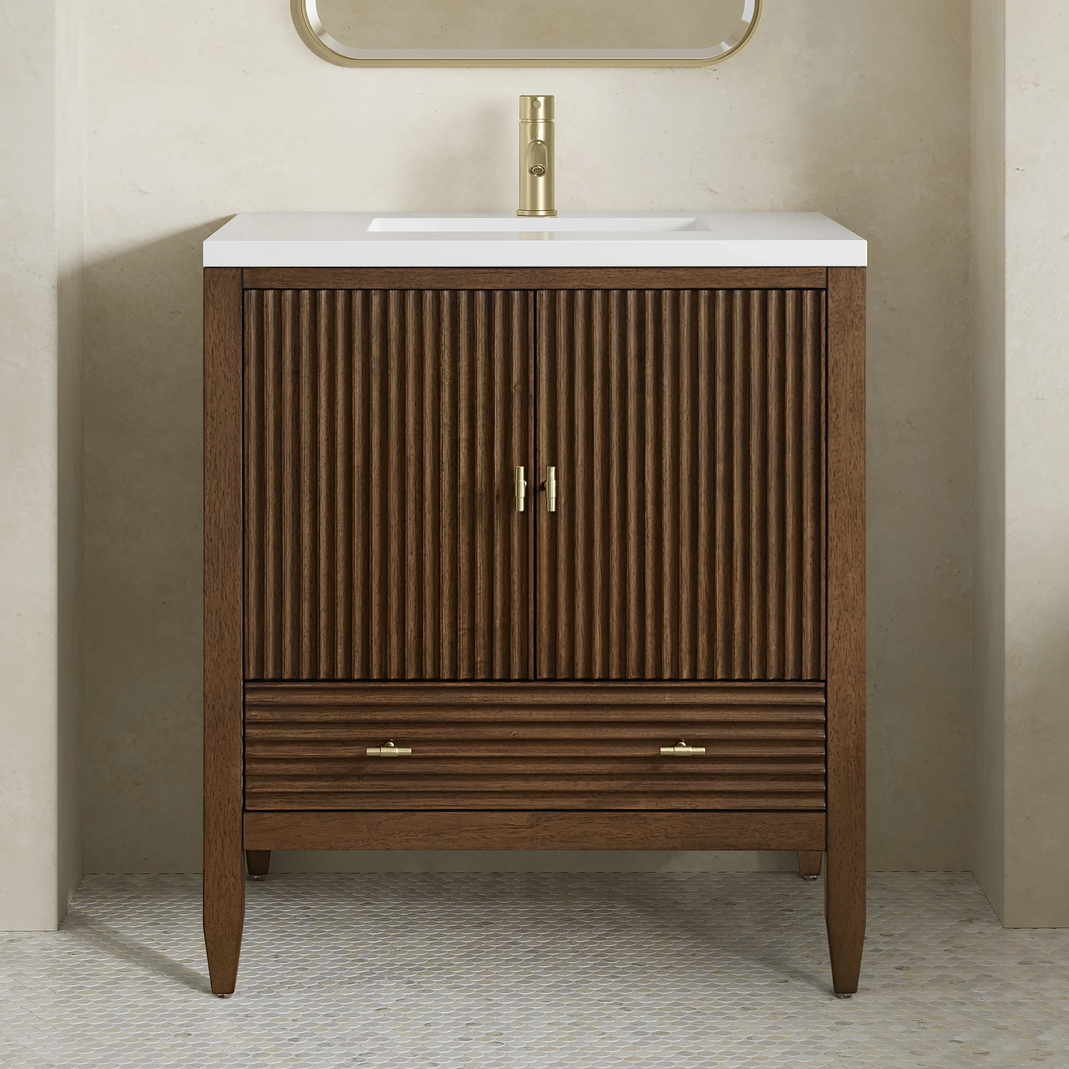 Myrrin 30" Single Vanity, Mid-Century Walnut w/ Single Hole 3 CM White Zeus Silestone Top and Matching Backsplash