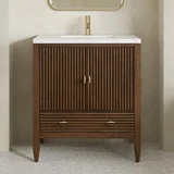 Myrrin 30" Single Vanity, Mid-Century Walnut w/ Single Hole 3 CM White Zeus Silestone Top and Matching Backsplash