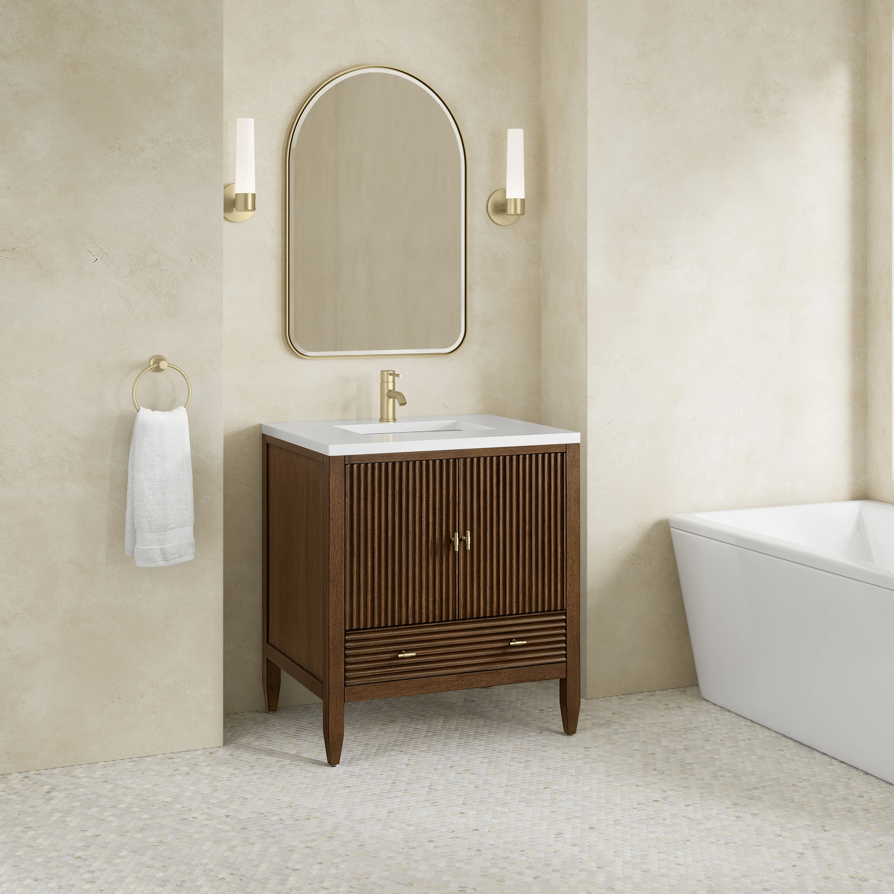 Myrrin 30" Single Vanity, Mid-Century Walnut w/ Single Hole 3 CM White Zeus Silestone Top and Matching Backsplash