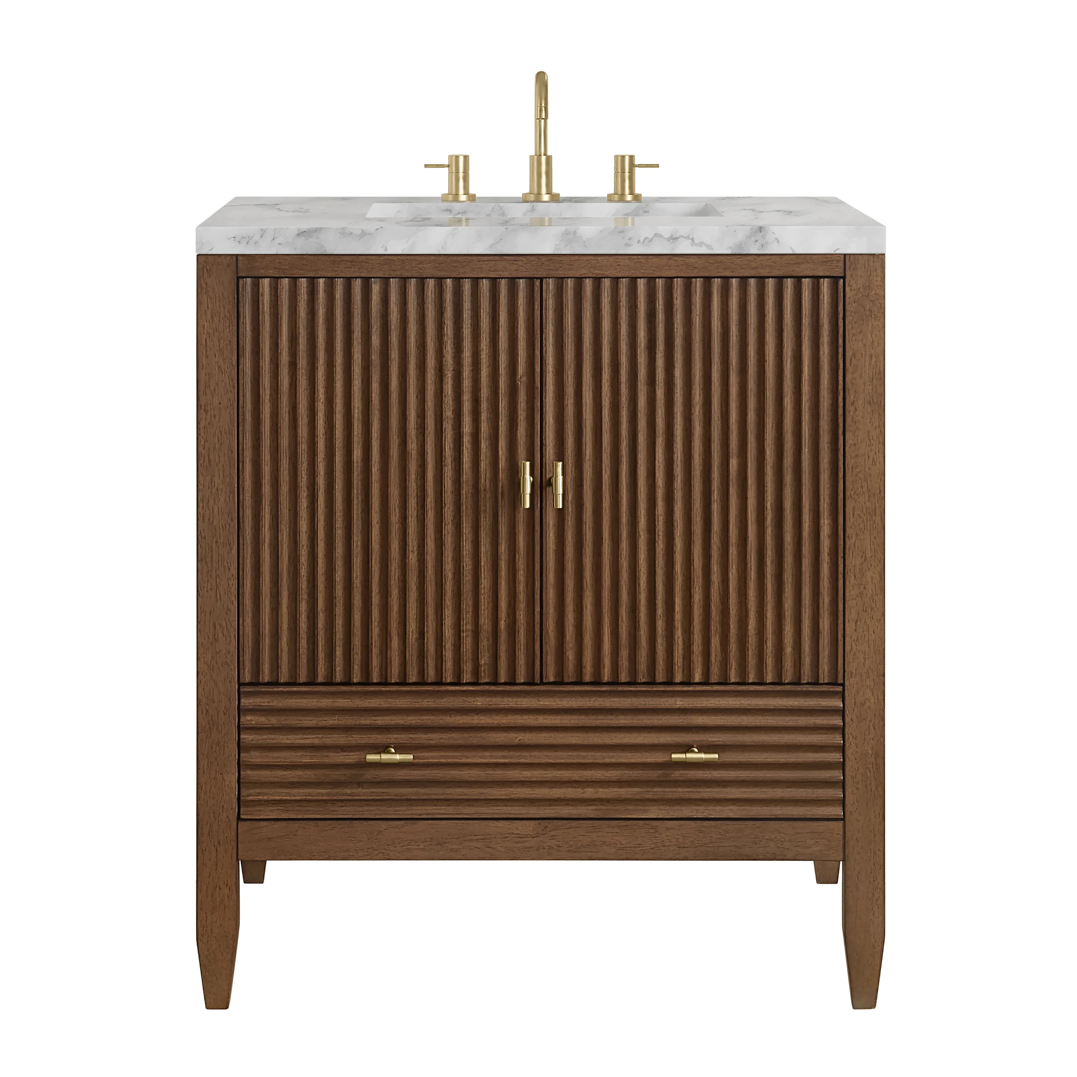 Myrrin 30" Single Vanity, Mid-Century Walnut w/ 3 CM Carrara Marble Top