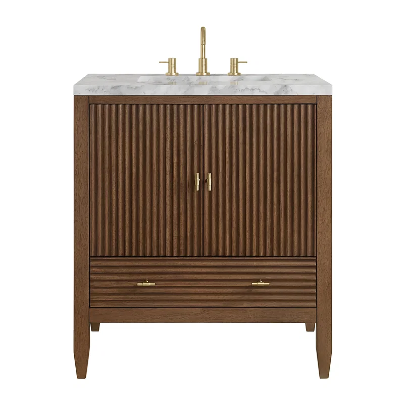 Myrrin 30" Single Vanity, Mid-Century Walnut w/ 3 CM Carrara Marble Top