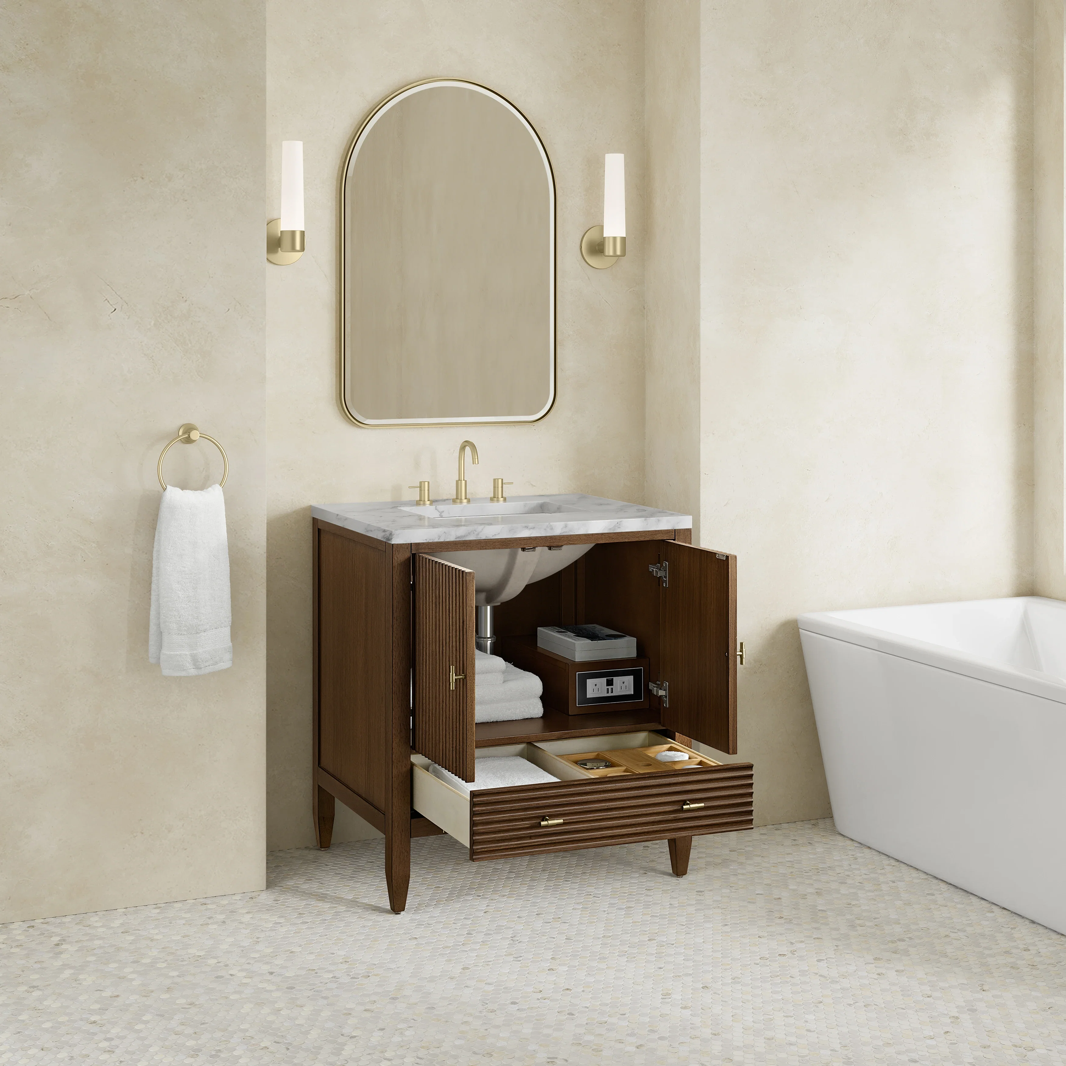 Myrrin 30" Single Vanity, Mid-Century Walnut w/ 3 CM Carrara Marble Top