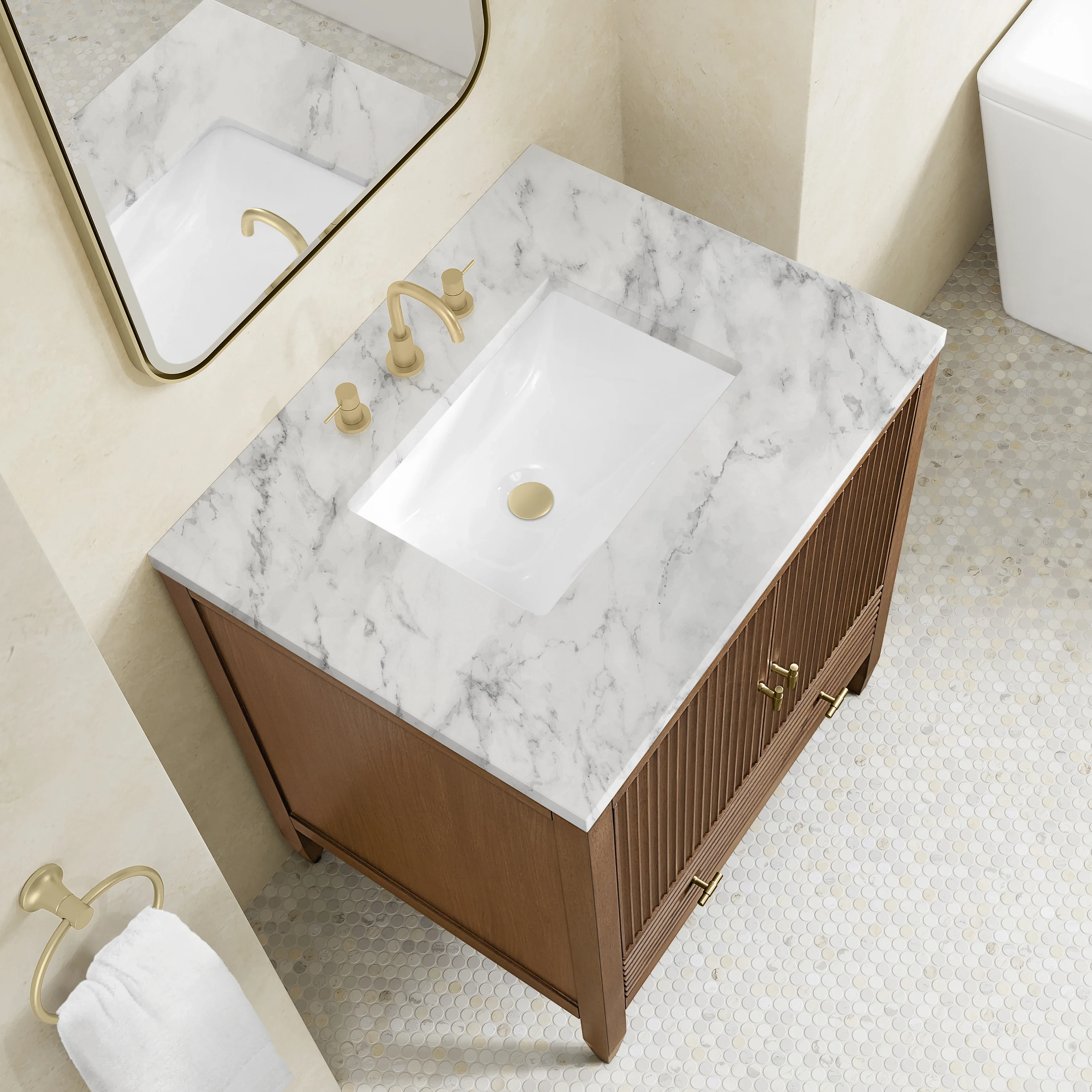 Myrrin 30" Single Vanity, Mid-Century Walnut w/ 3 CM Carrara Marble Top