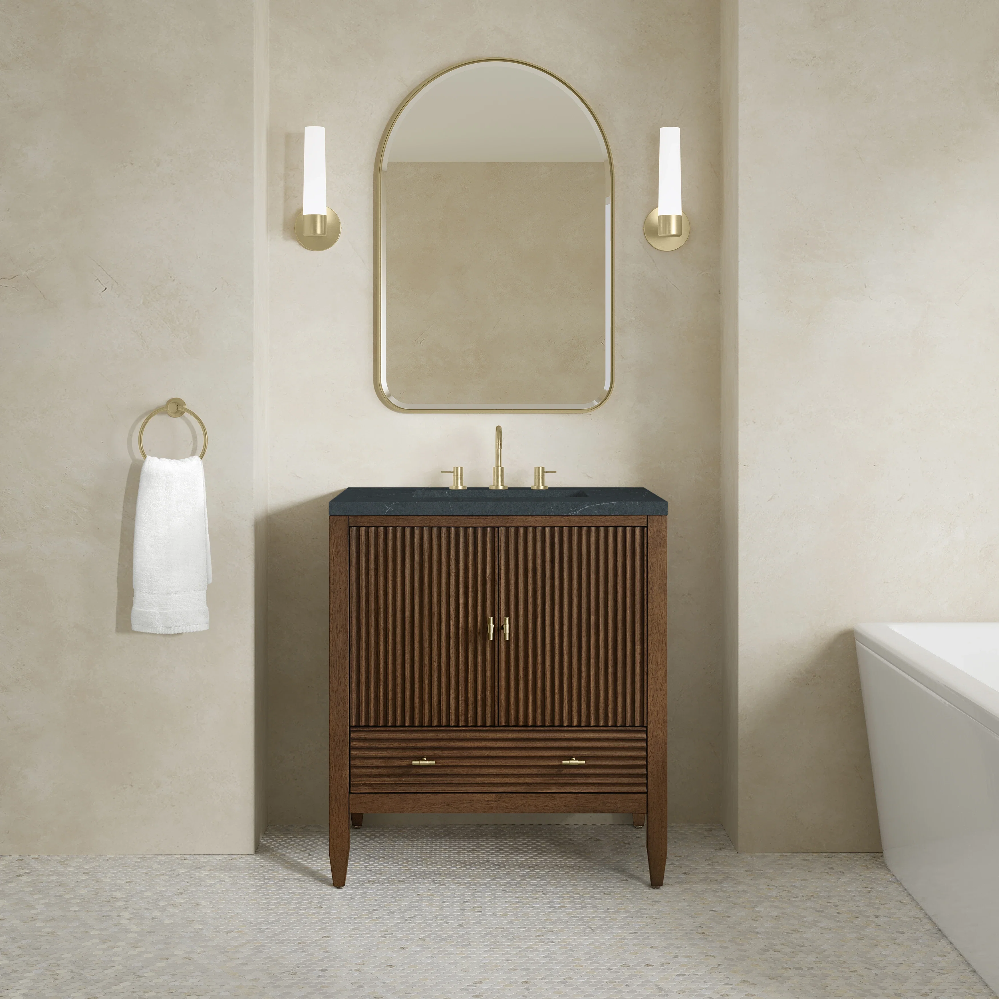 Myrrin 30" Single Vanity, Mid-Century Walnut w/ 3 CM Charcoal Soapstone Silestone Top