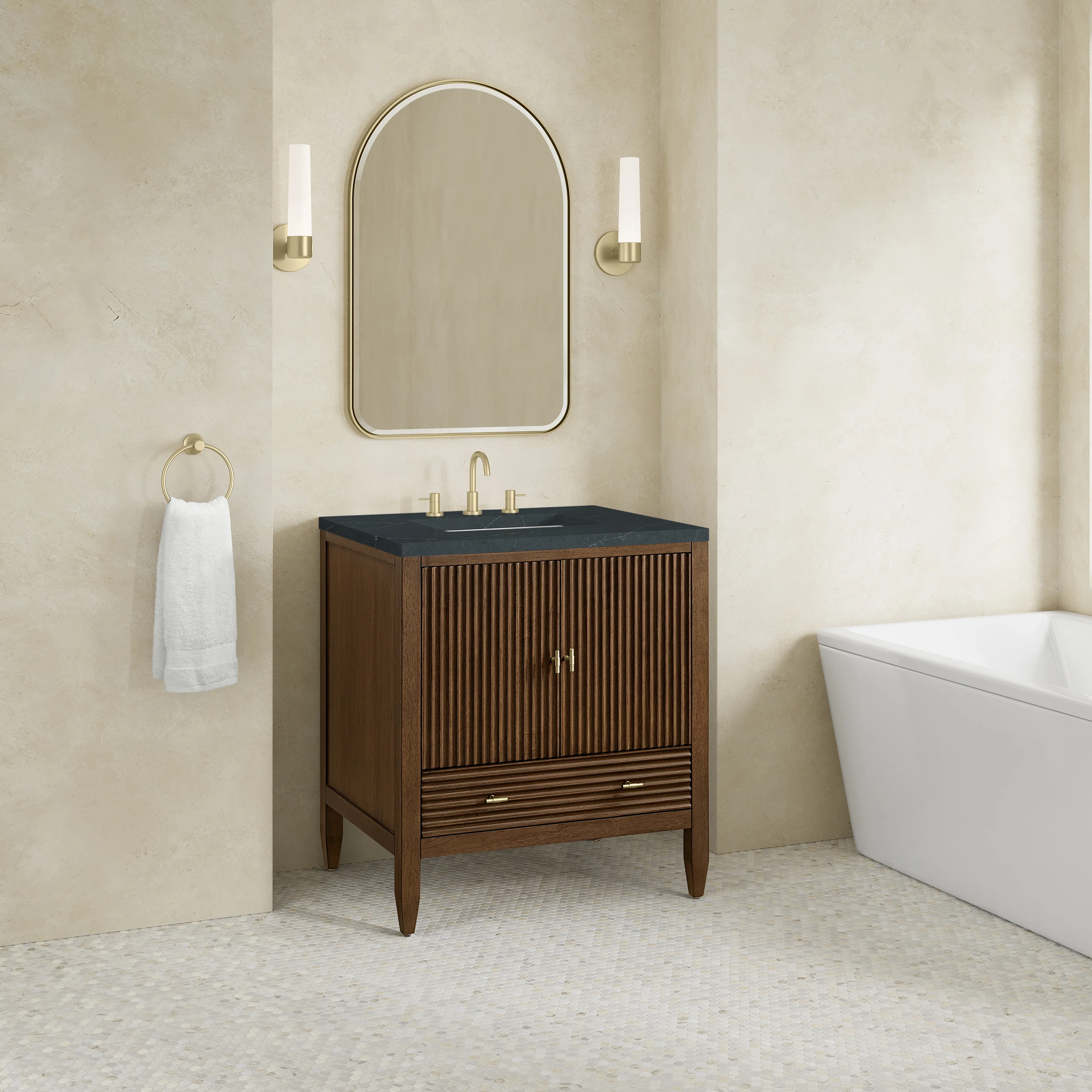 Myrrin 30" Single Vanity, Mid-Century Walnut w/ 3 CM Charcoal Soapstone Silestone Top