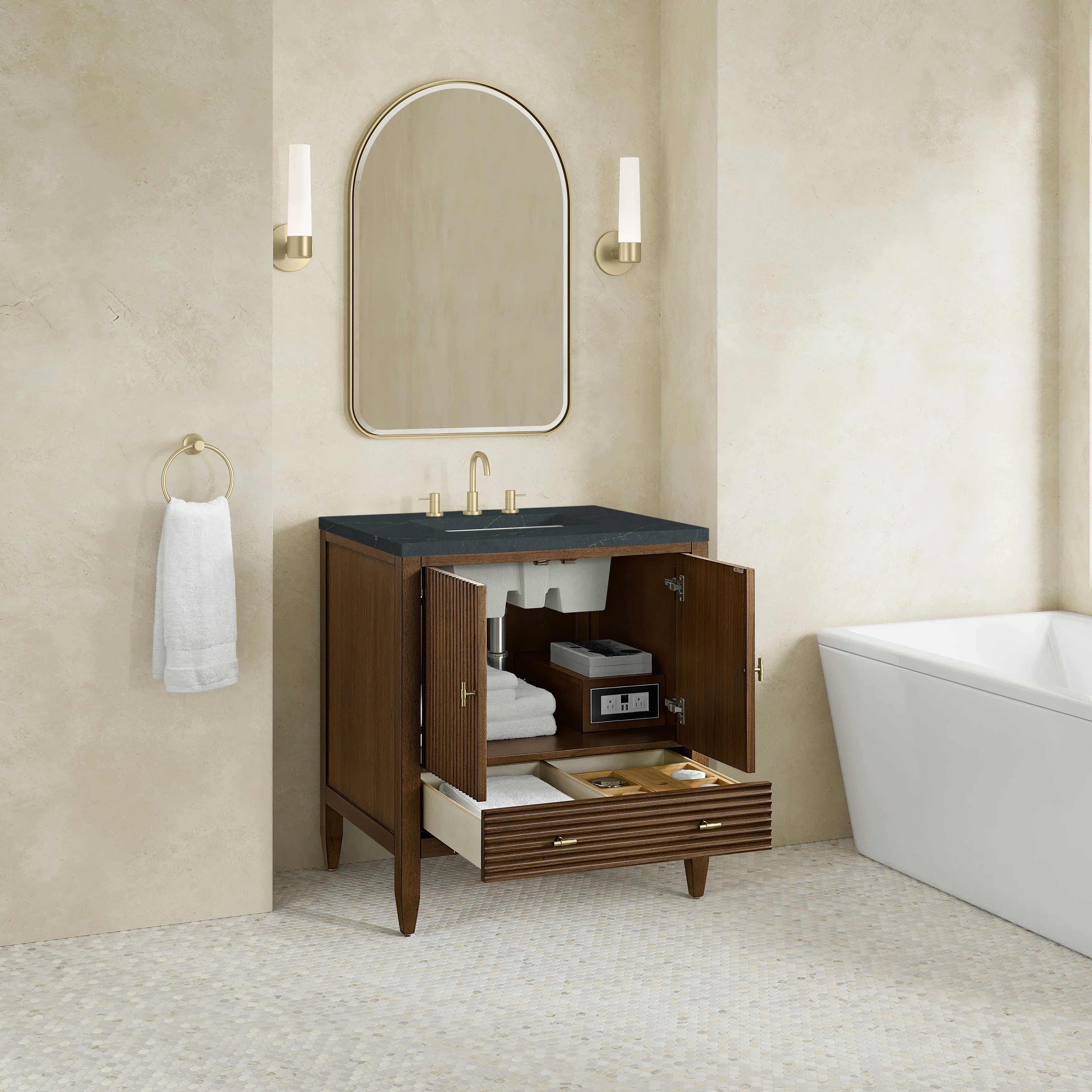 Myrrin 30" Single Vanity, Mid-Century Walnut w/ 3 CM Charcoal Soapstone Silestone Top