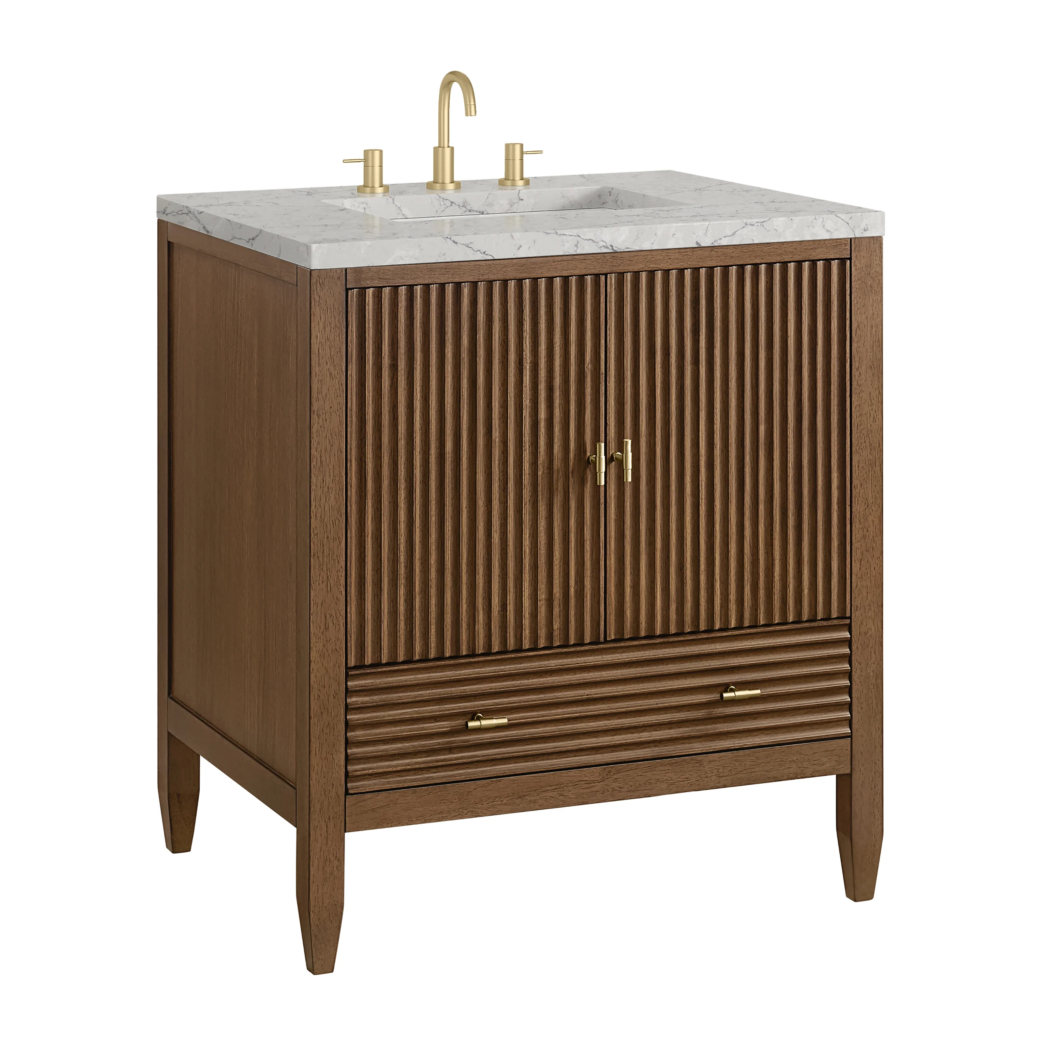 Myrrin 30" Single Vanity, Mid-Century Walnut w/ 3 CM Eternal Jasmine Pearl Silestone Top