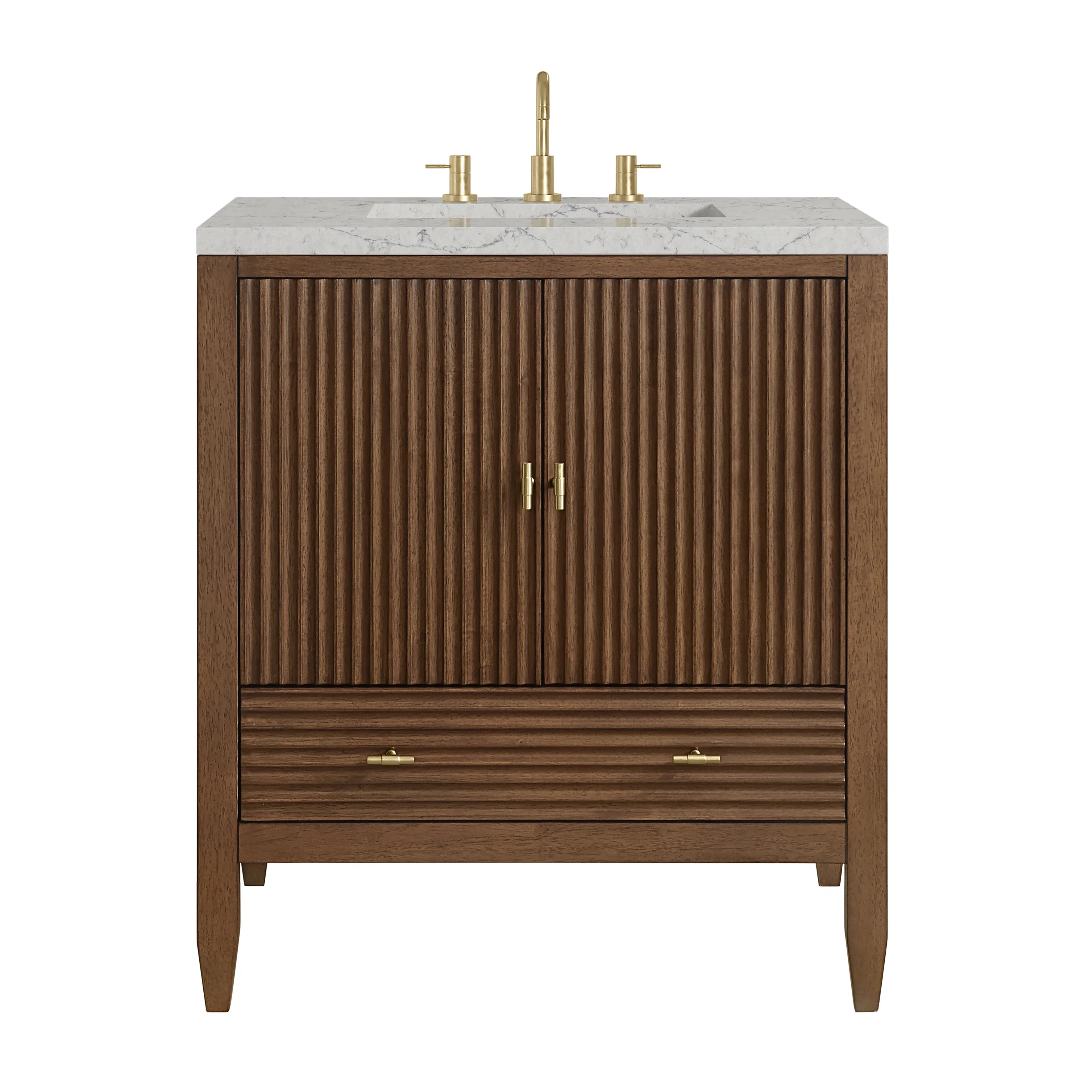 Myrrin 30" Single Vanity, Mid-Century Walnut w/ 3 CM Eternal Jasmine Pearl Silestone Top