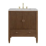 Myrrin 30" Single Vanity, Mid-Century Walnut w/ 3 CM Eternal Jasmine Pearl Silestone Top