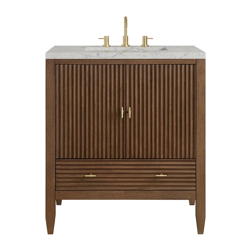 Myrrin 30" Single Vanity, Mid-Century Walnut w/ 3 CM Eternal Jasmine Pearl Silestone Top