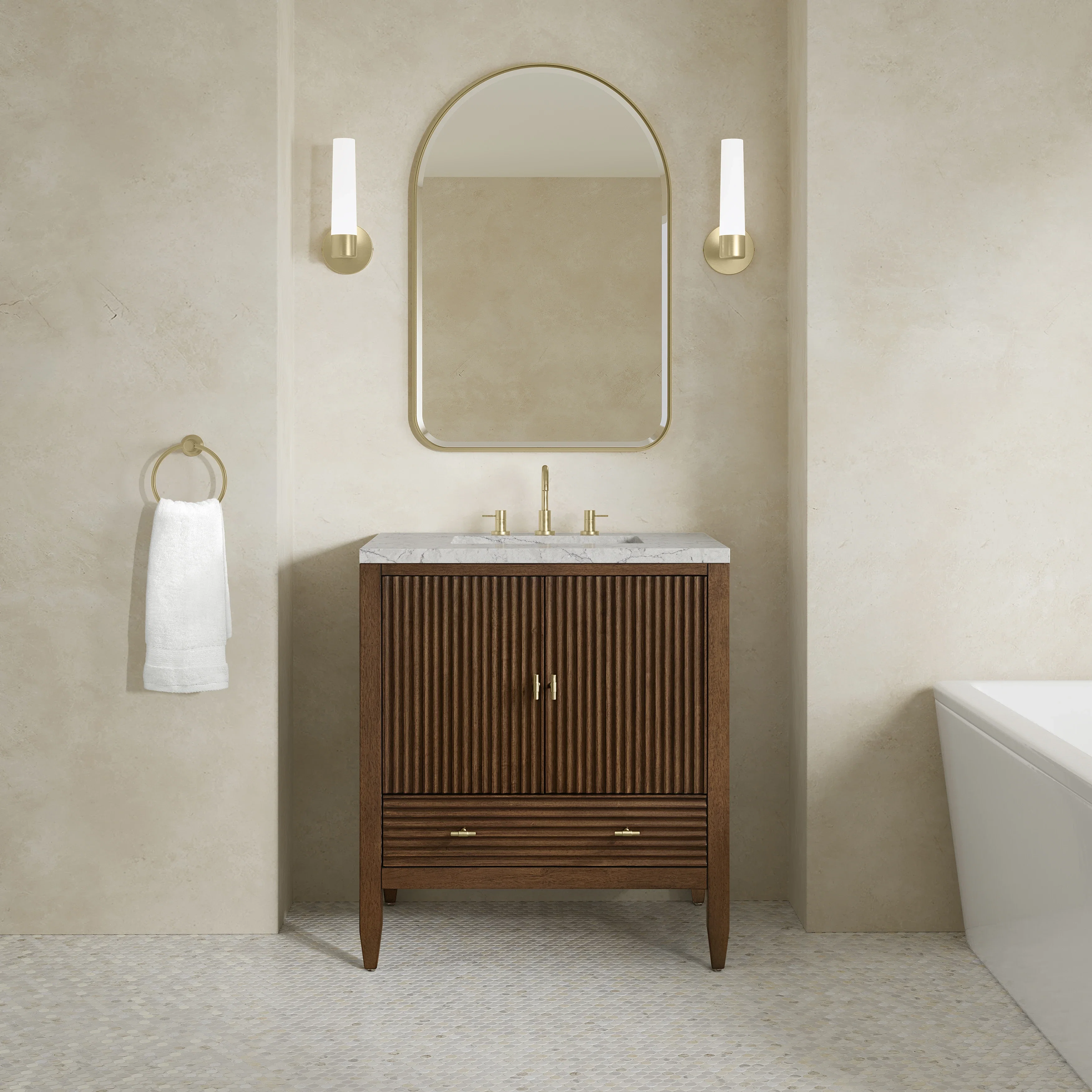 Myrrin 30" Single Vanity, Mid-Century Walnut w/ 3 CM Eternal Jasmine Pearl Silestone Top