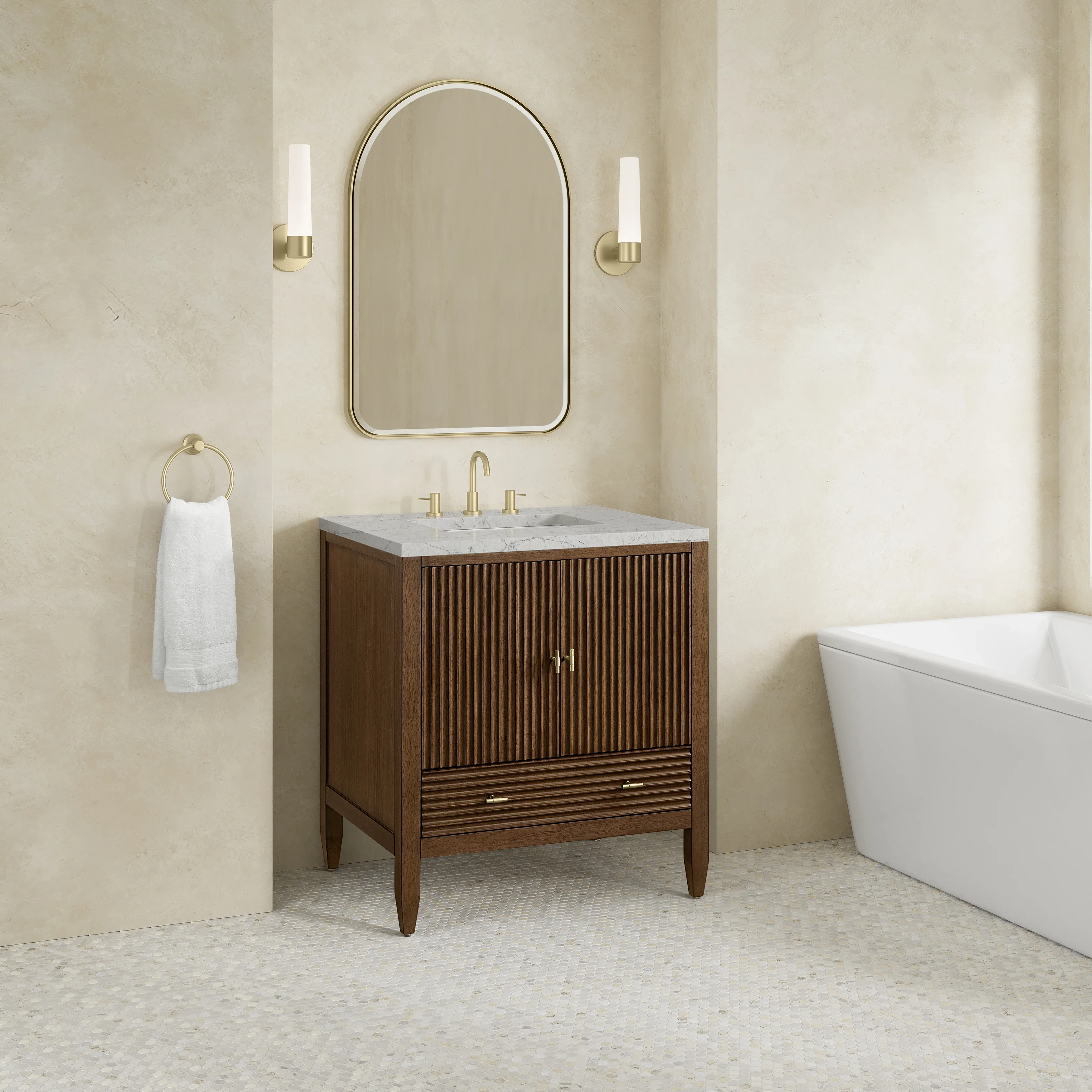 Myrrin 30" Single Vanity, Mid-Century Walnut w/ 3 CM Eternal Jasmine Pearl Silestone Top
