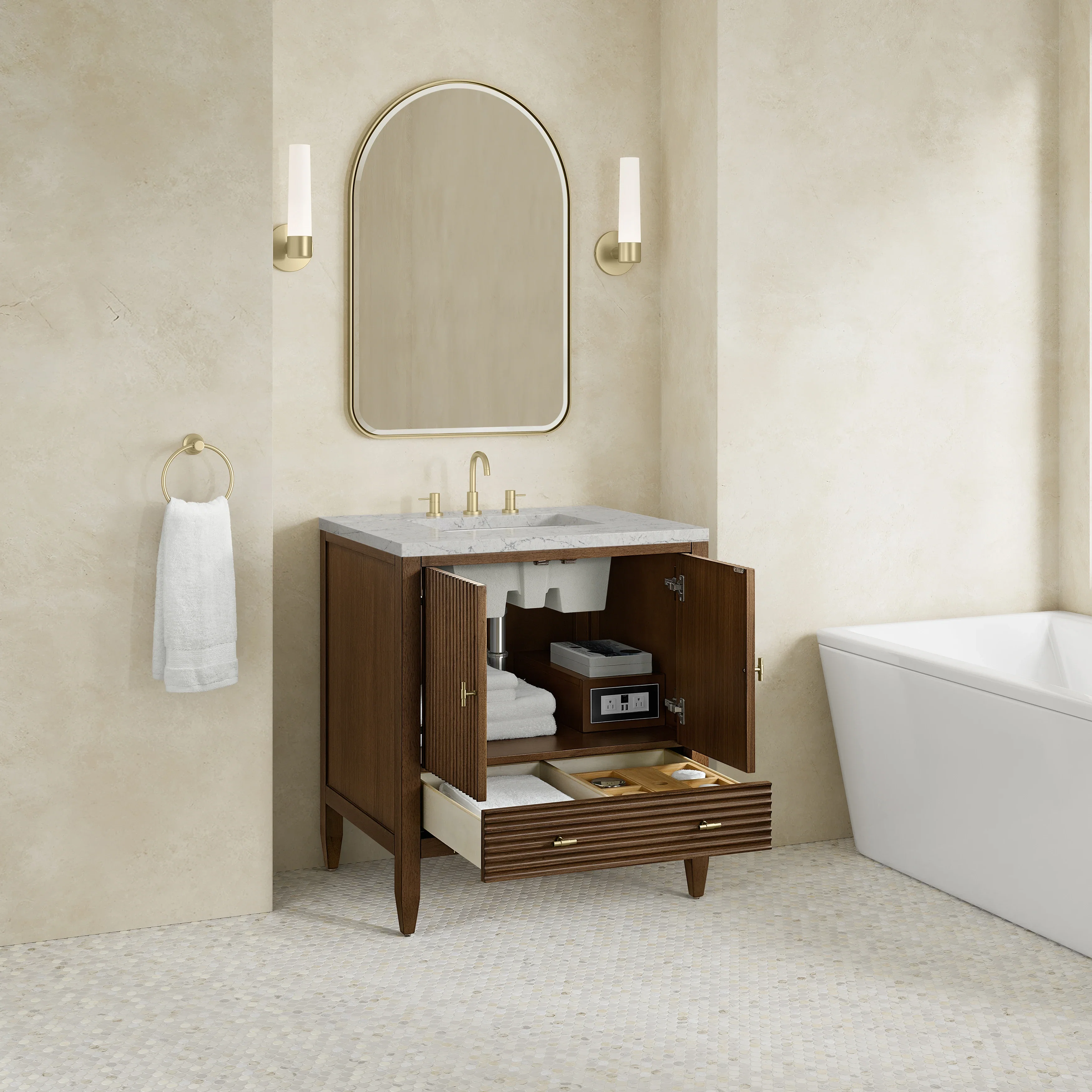 Myrrin 30" Single Vanity, Mid-Century Walnut w/ 3 CM Eternal Jasmine Pearl Silestone Top