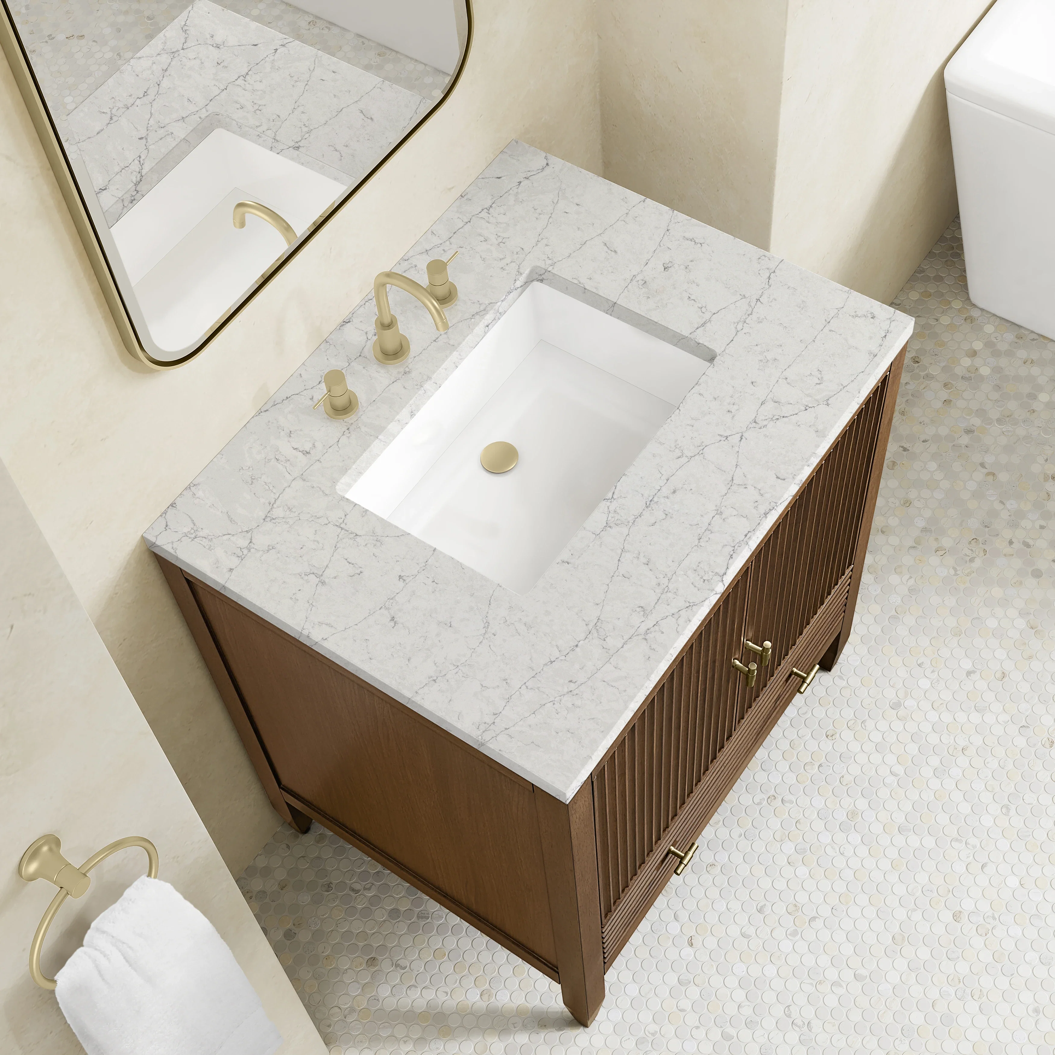 Myrrin 30" Single Vanity, Mid-Century Walnut w/ 3 CM Eternal Jasmine Pearl Silestone Top