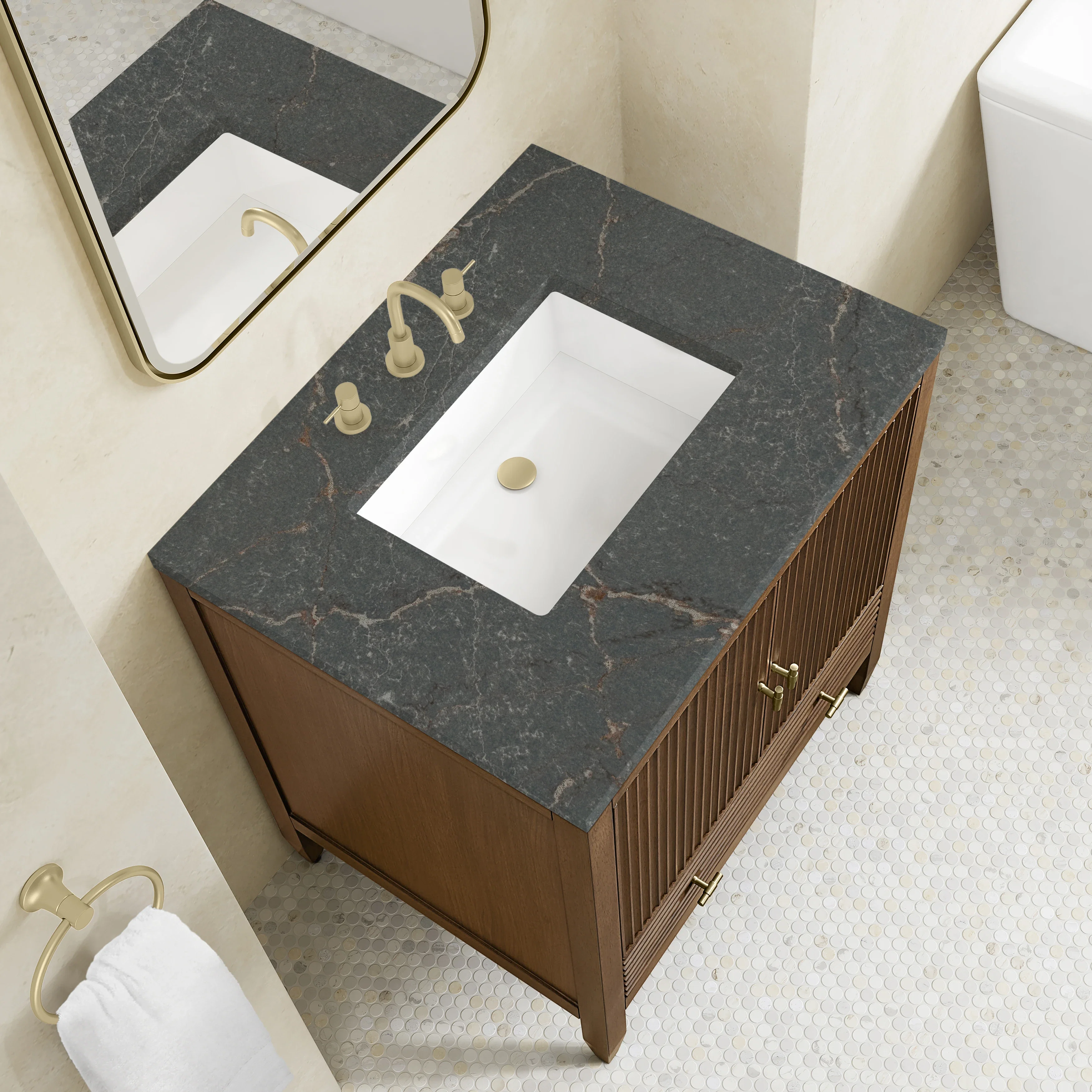 Myrrin 30" Single Vanity, Mid-Century Walnut w/ 3 CM Parisien Bleu Silestone Top