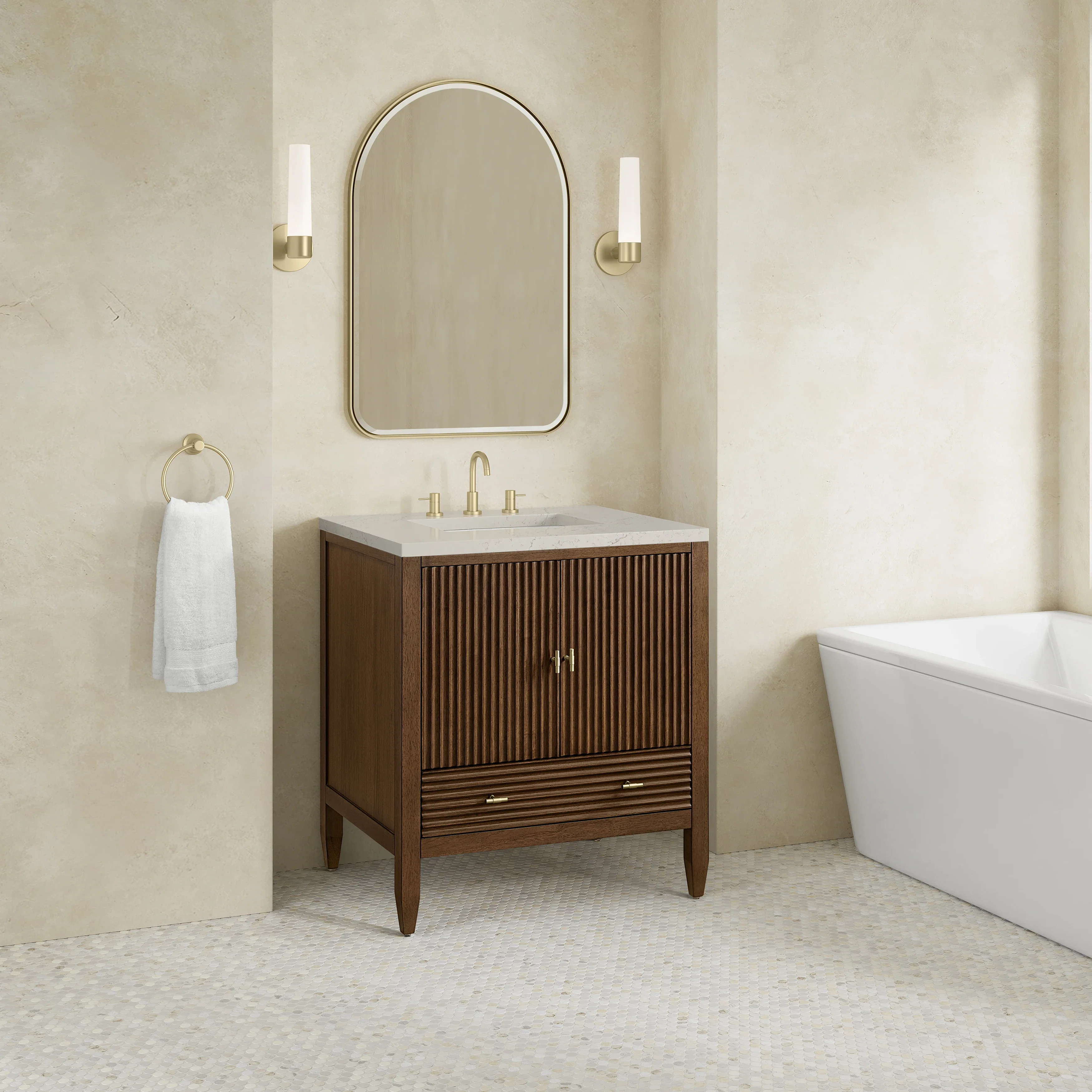 Myrrin 30" Single Vanity, Mid-Century Walnut w/ 3 CM Siberian Silestone Top