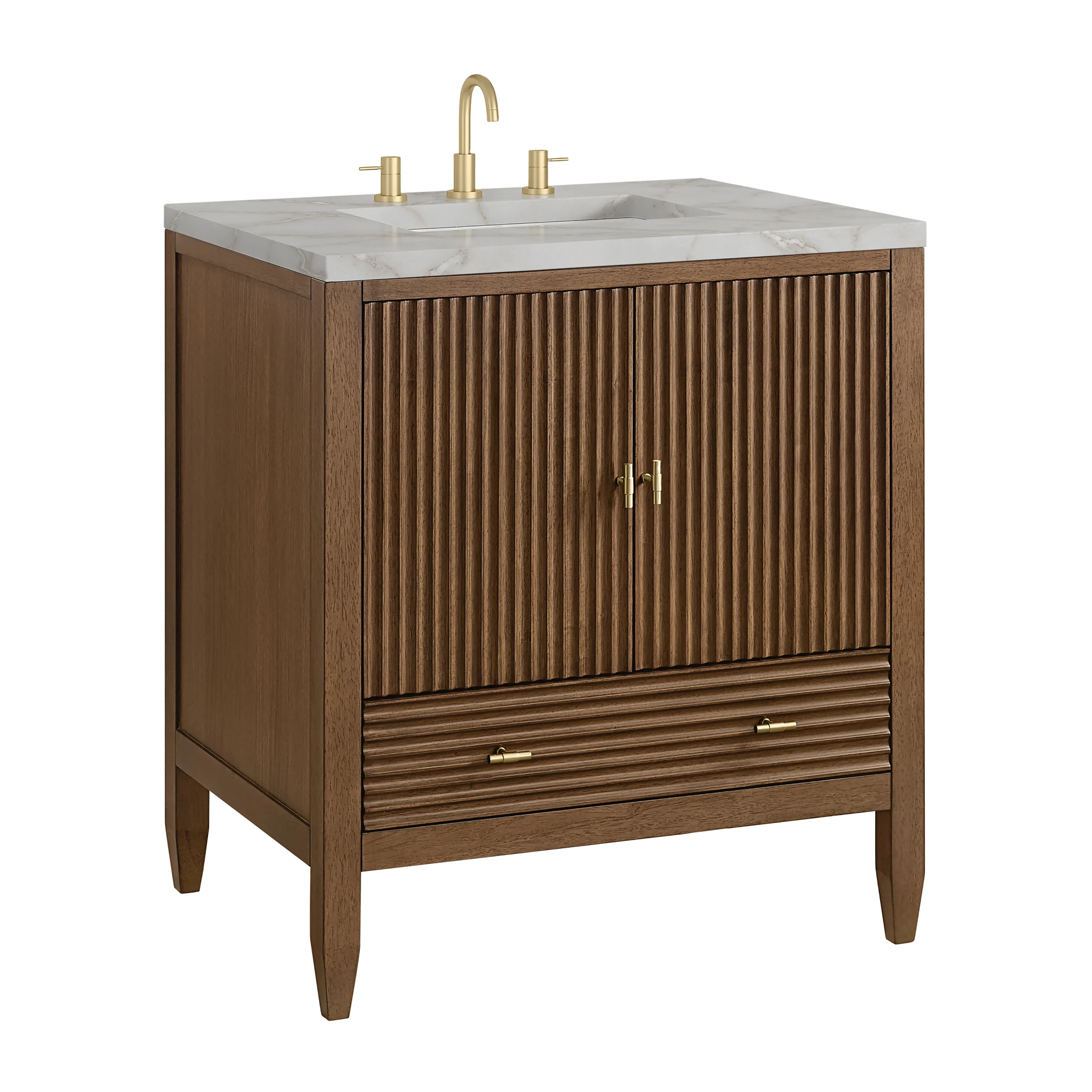Myrrin 30" Single Vanity, Mid-Century Walnut w/ 3 CM Victorian Silver Silestone Top