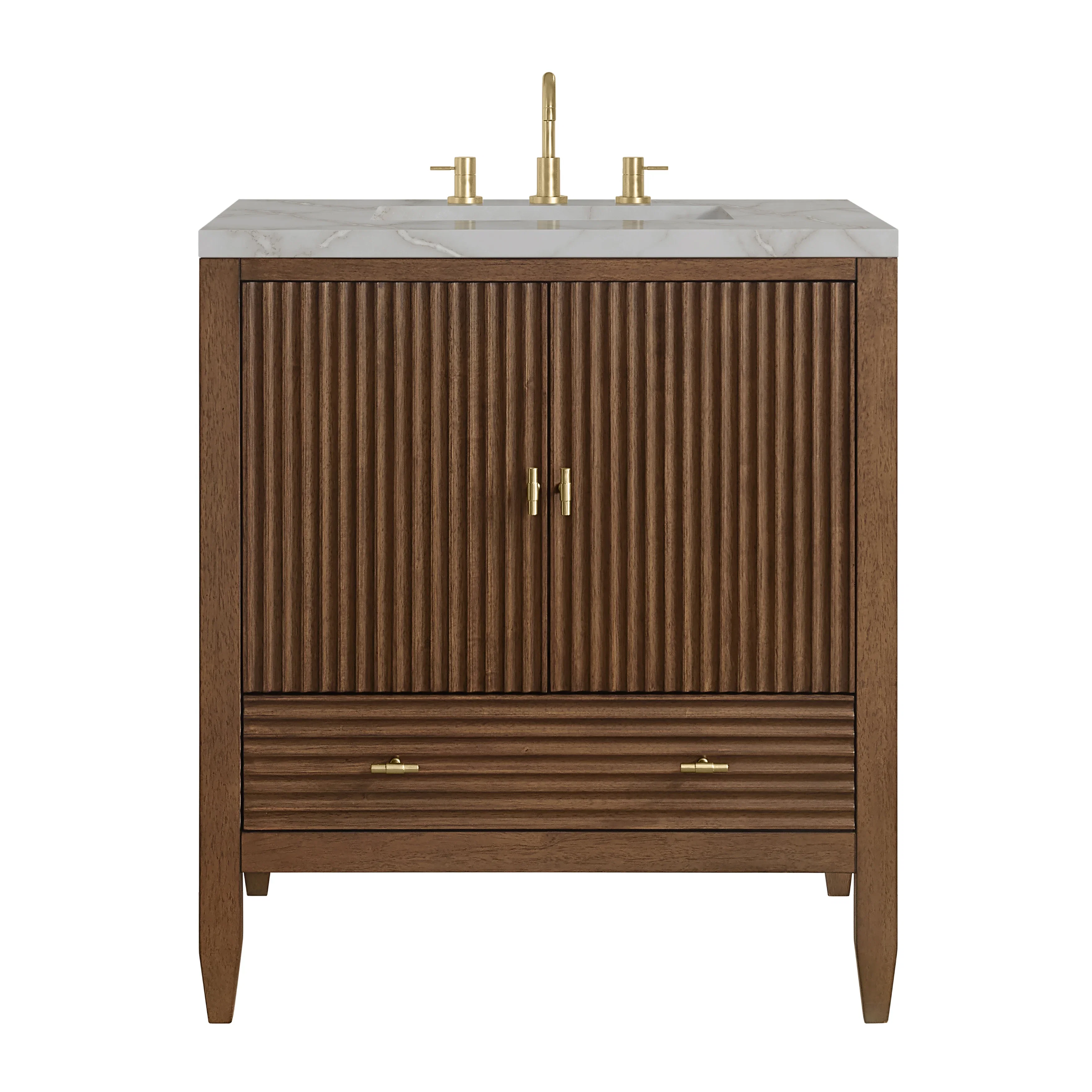 Myrrin 30" Single Vanity, Mid-Century Walnut w/ 3 CM Victorian Silver Silestone Top
