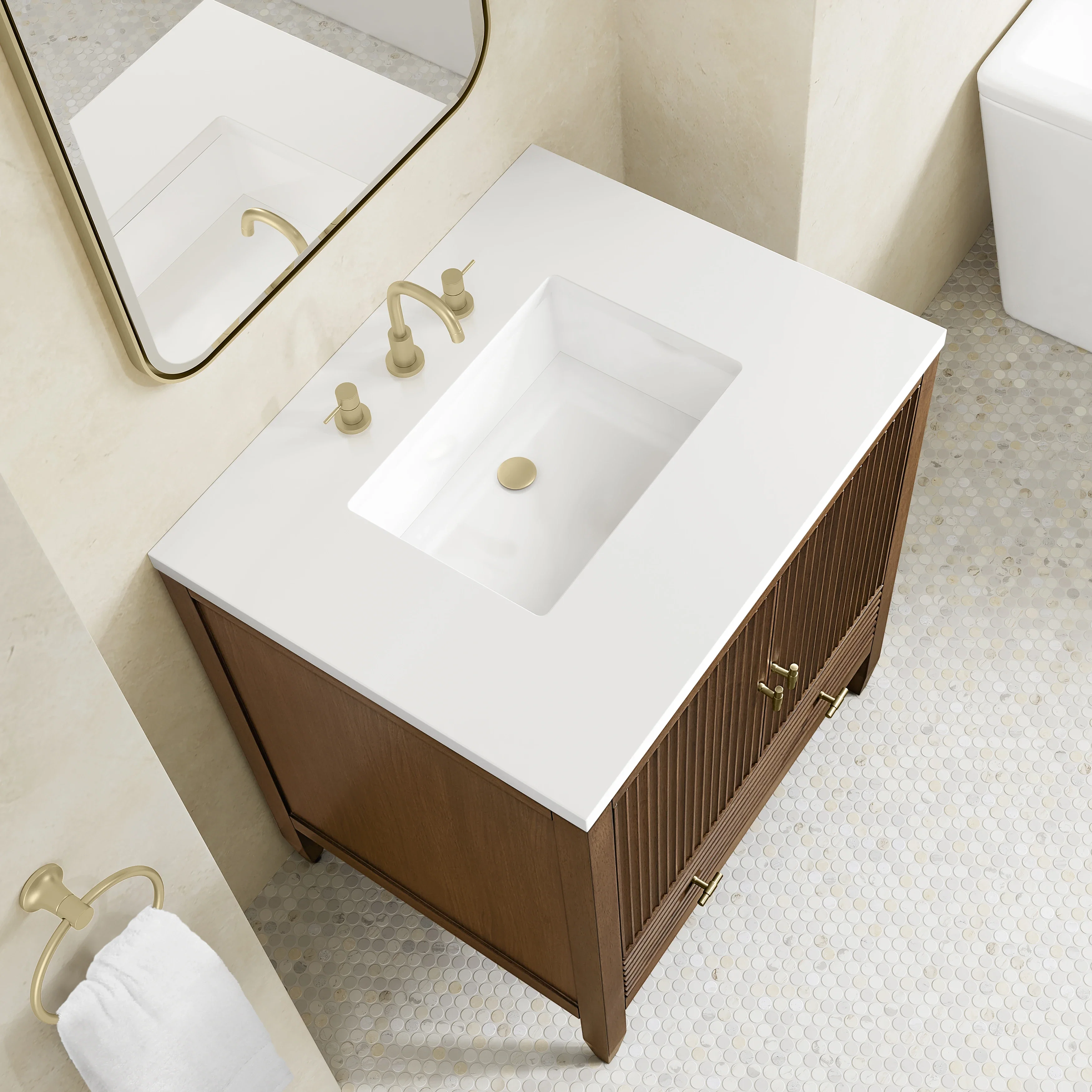Myrrin 30" Single Vanity, Mid-Century Walnut w/ 3 CM White Zeus Silestone Top