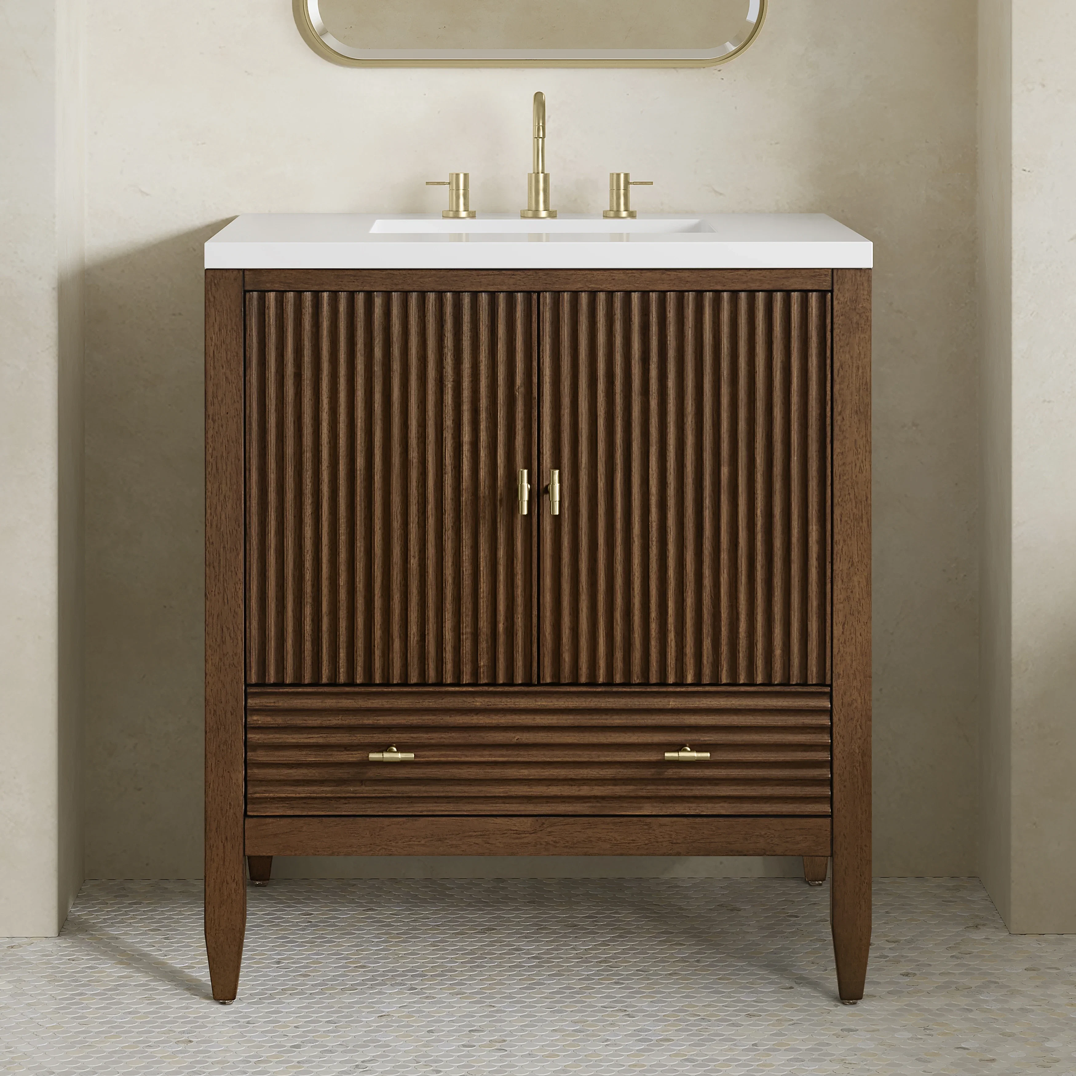 Myrrin 30" Single Vanity, Mid-Century Walnut w/ 3 CM White Zeus Silestone Top