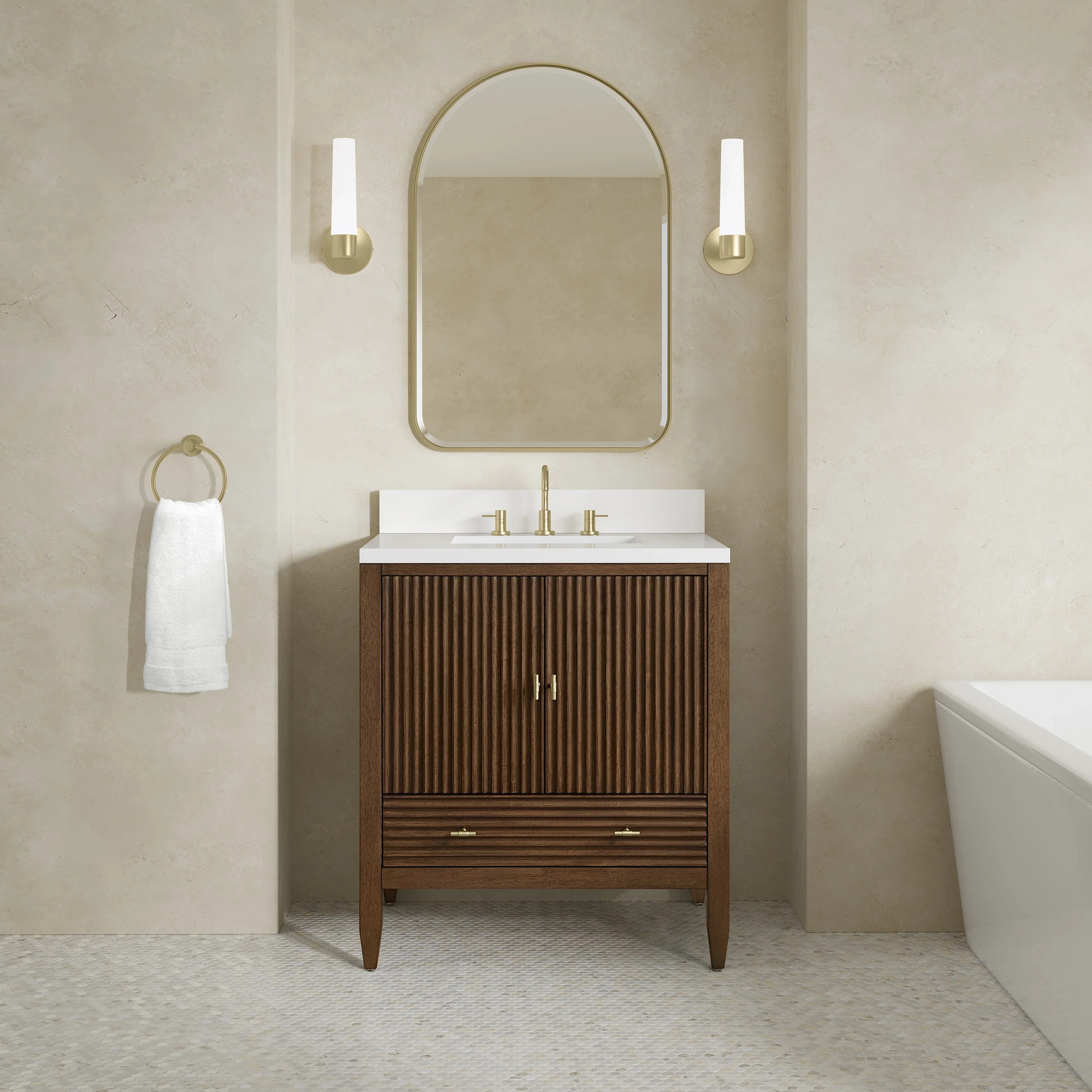 Myrrin 30" Single Vanity, Mid-Century Walnut w/ 3 CM White Zeus Silestone Top