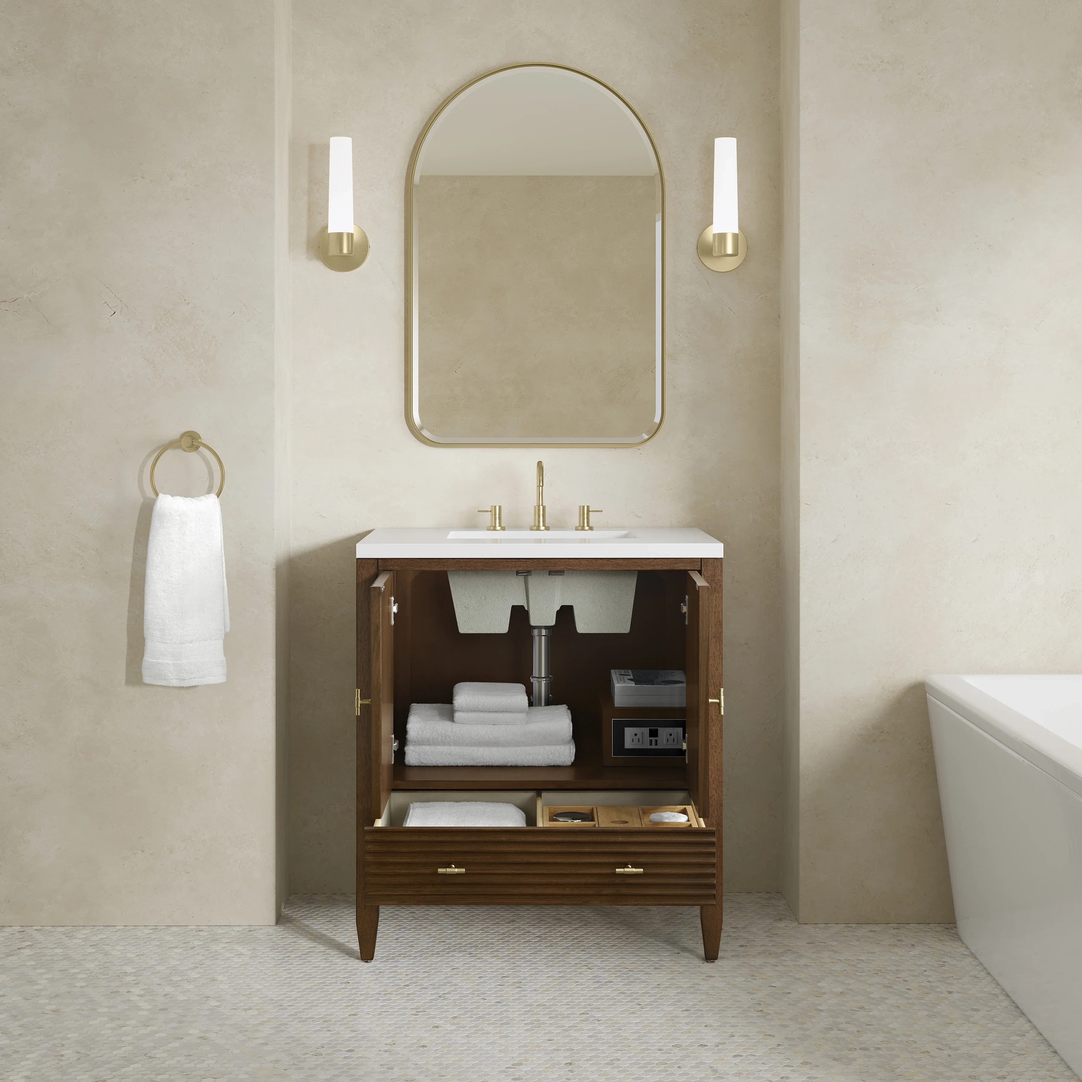 Myrrin 30" Single Vanity, Mid-Century Walnut w/ 3 CM White Zeus Silestone Top