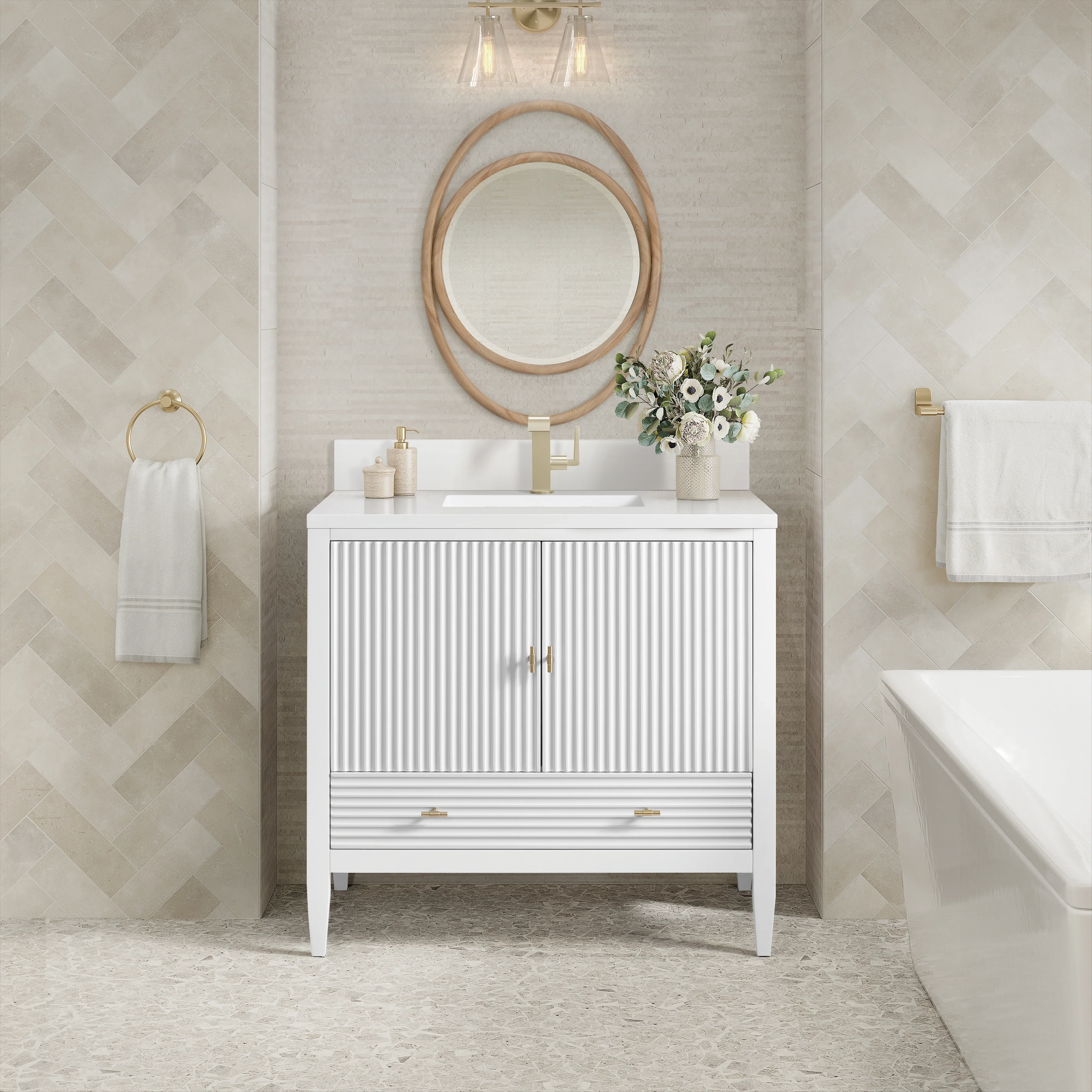 Myrrin 36" Vanity, Bright White w/ Single Hole 3 CM White Zeus Silestone Top & Backsplash