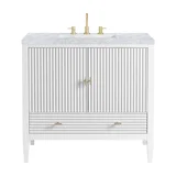 Myrrin 36" Vanity, Bright White w/ 3 CM Carrara White Marble Top