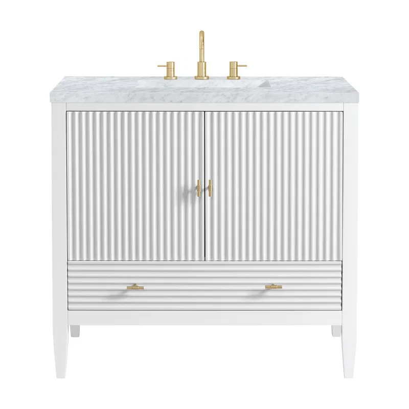 Myrrin 36" Vanity, Bright White w/ 3 CM Carrara White Marble Top