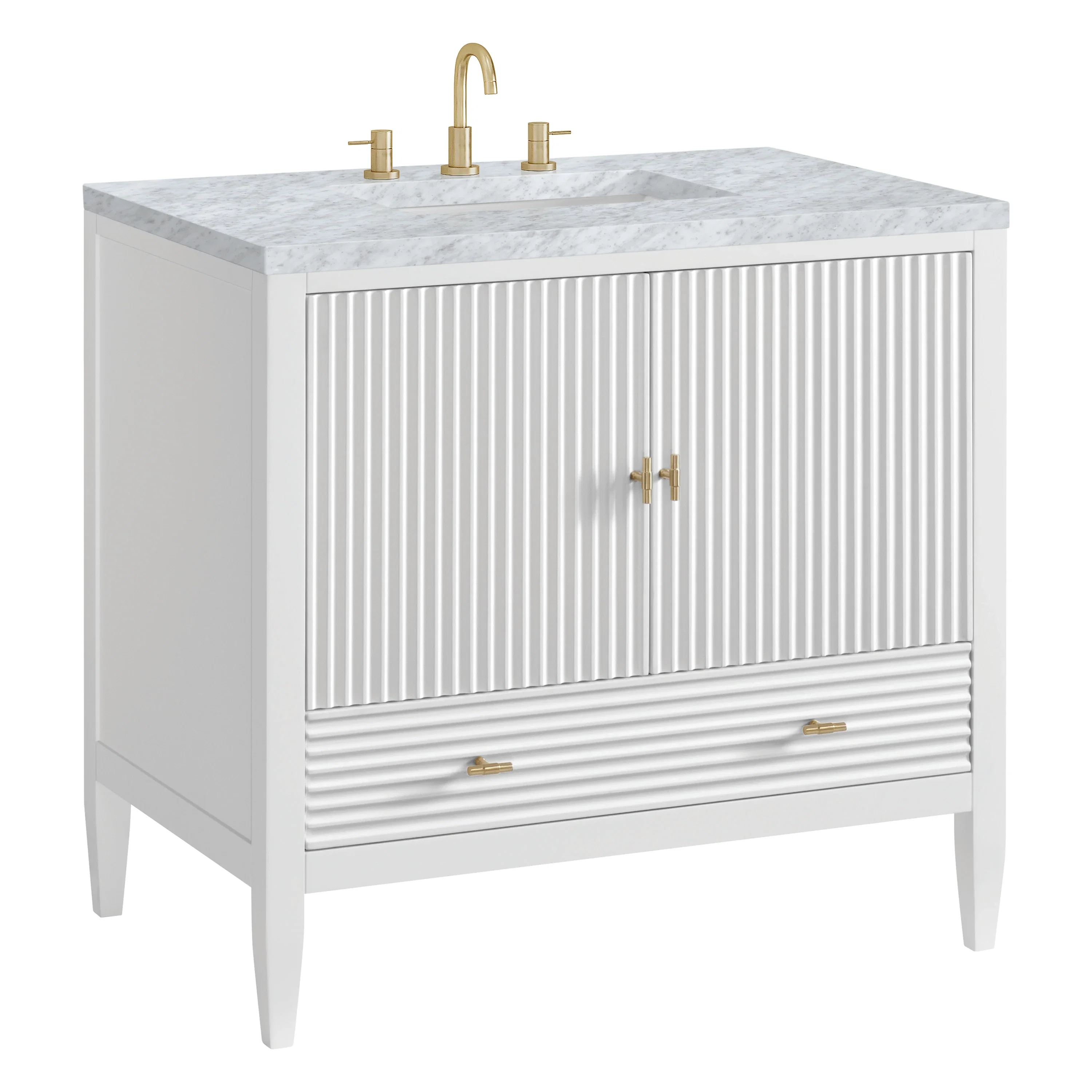 Myrrin 36" Vanity, Bright White w/ 3 CM Carrara White Marble Top