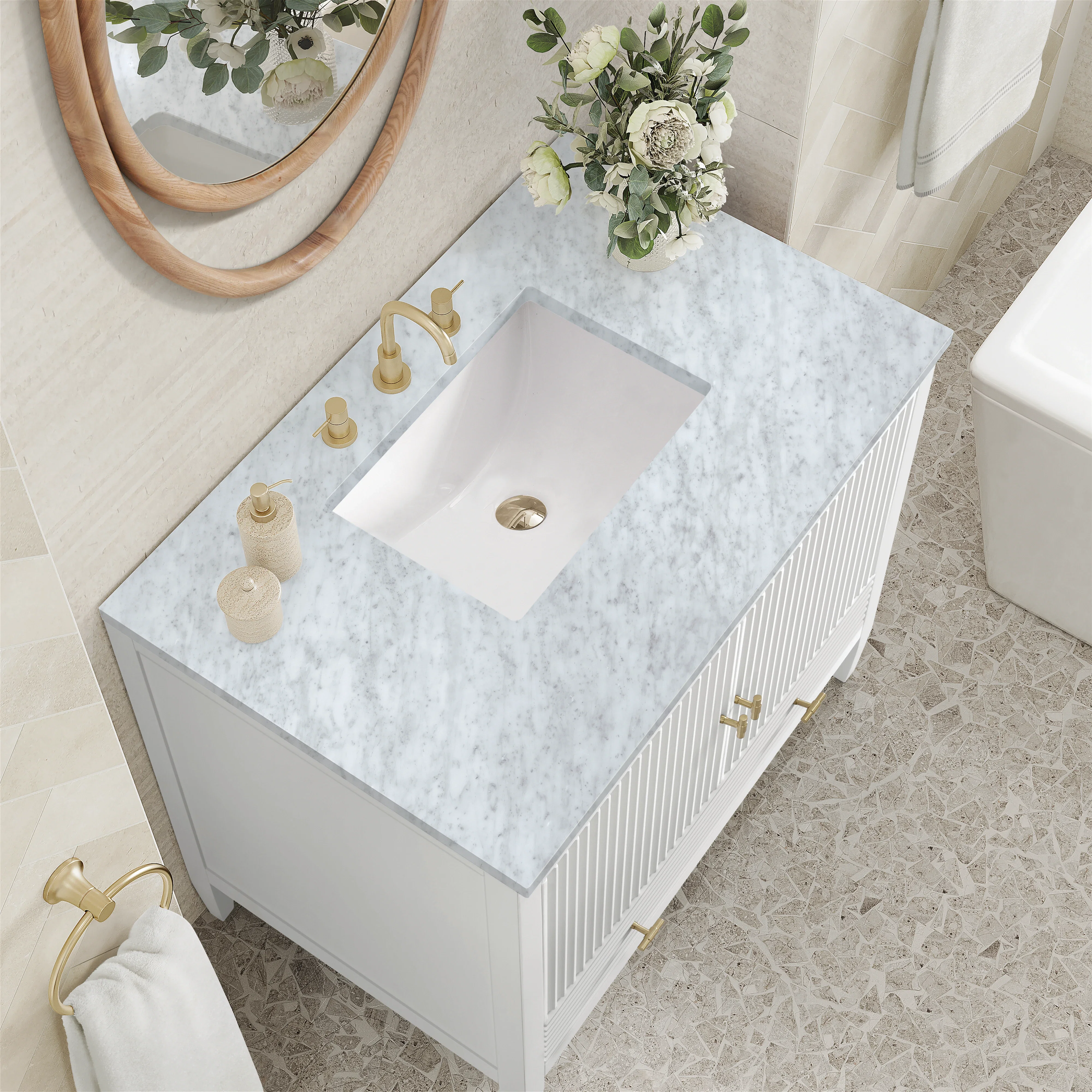 Myrrin 36" Vanity, Bright White w/ 3 CM Carrara White Marble Top