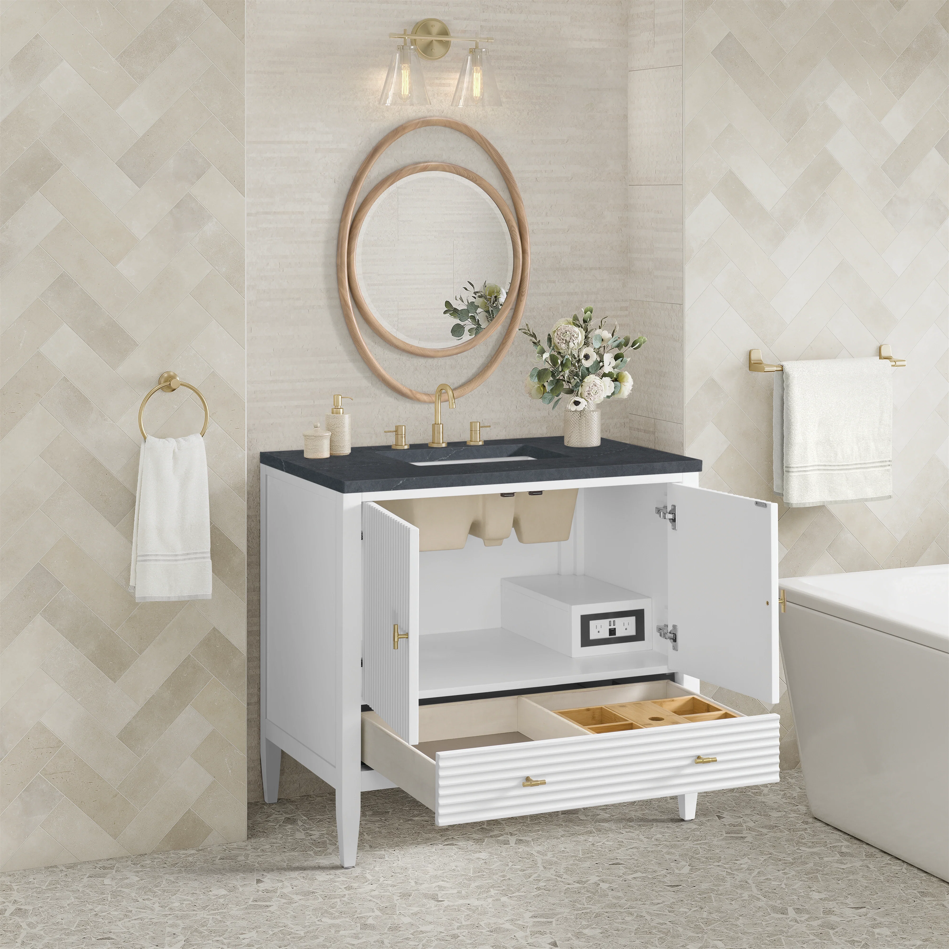 Myrrin 36" Vanity, Bright White w/ 3 CM Charcoal Soapstone Silestone Top