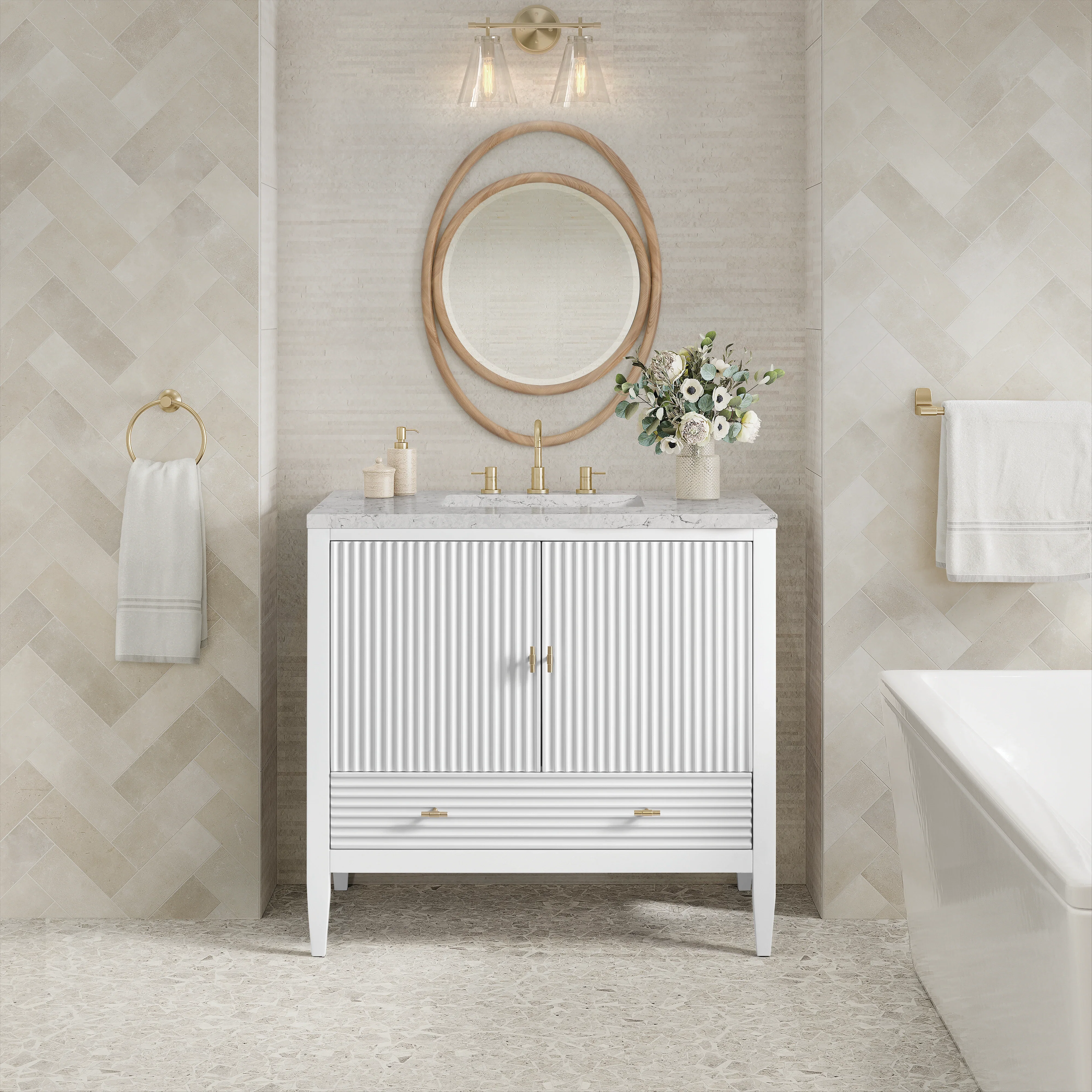 Myrrin 36" Vanity, Bright White w/ 3 CM Eternal Jasmine Pearl Silestone Top