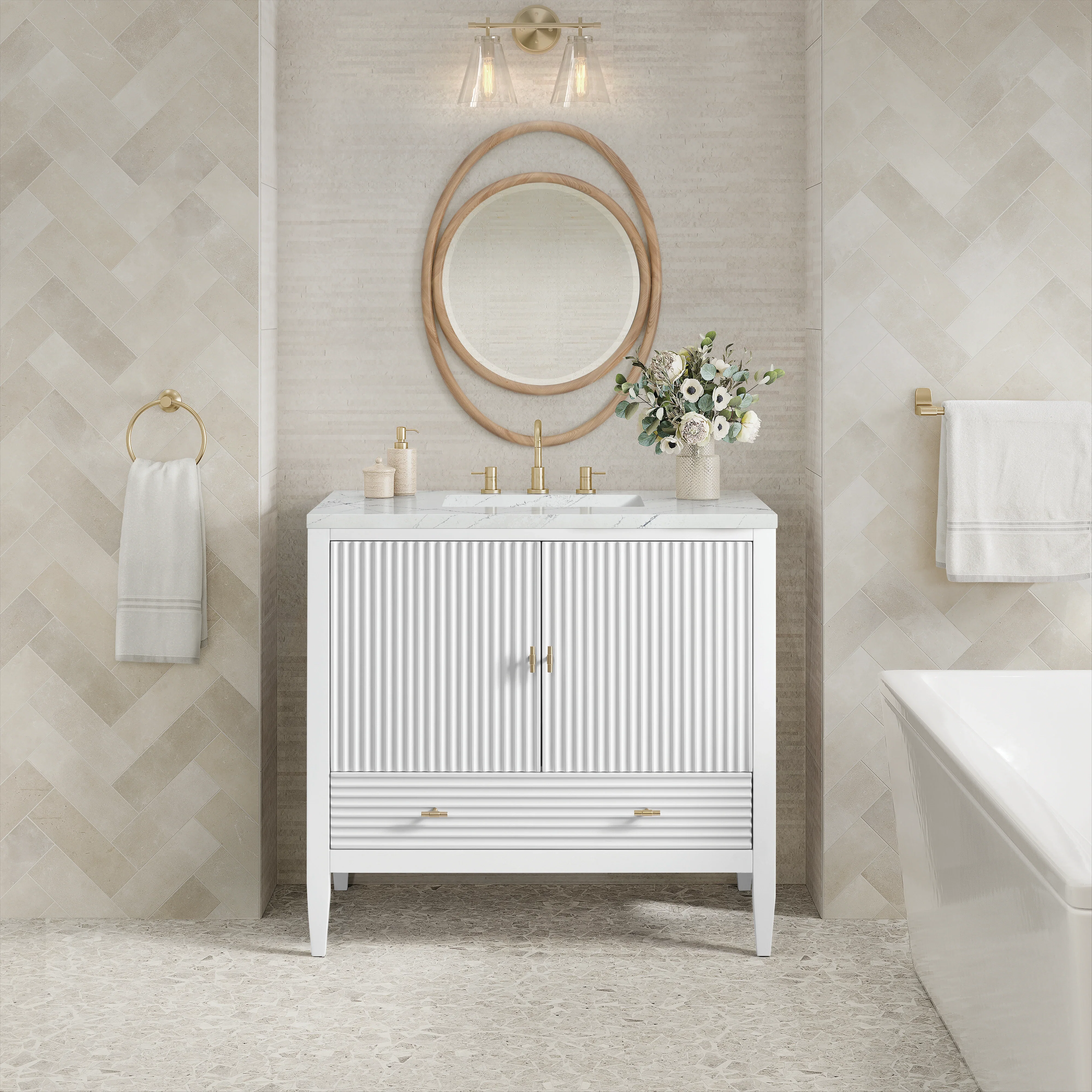 Myrrin 36" Vanity, Bright White w/ 3 CM Ethereal Noctis Silestone Top