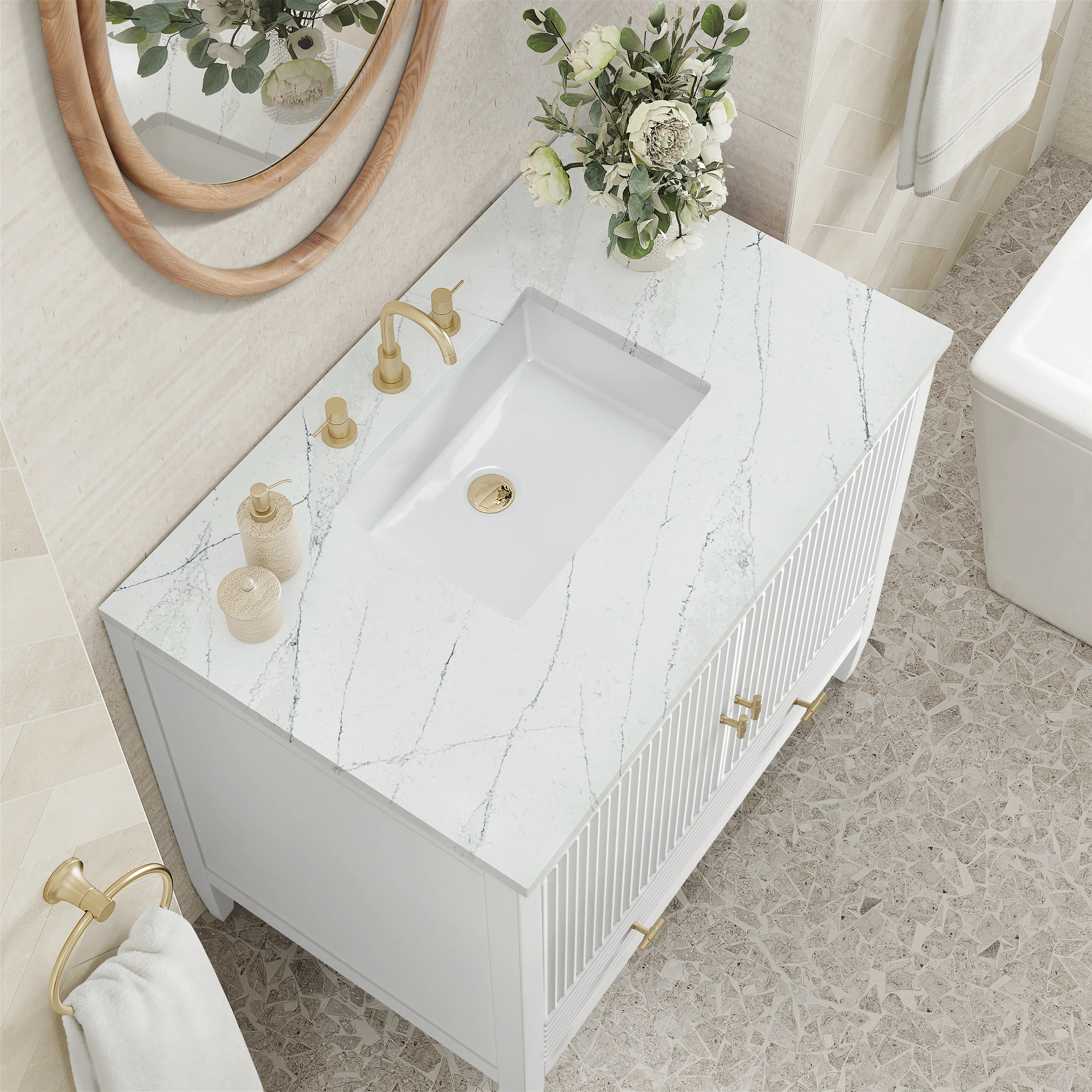 Myrrin 36" Vanity, Bright White w/ 3 CM Ethereal Noctis Silestone Top