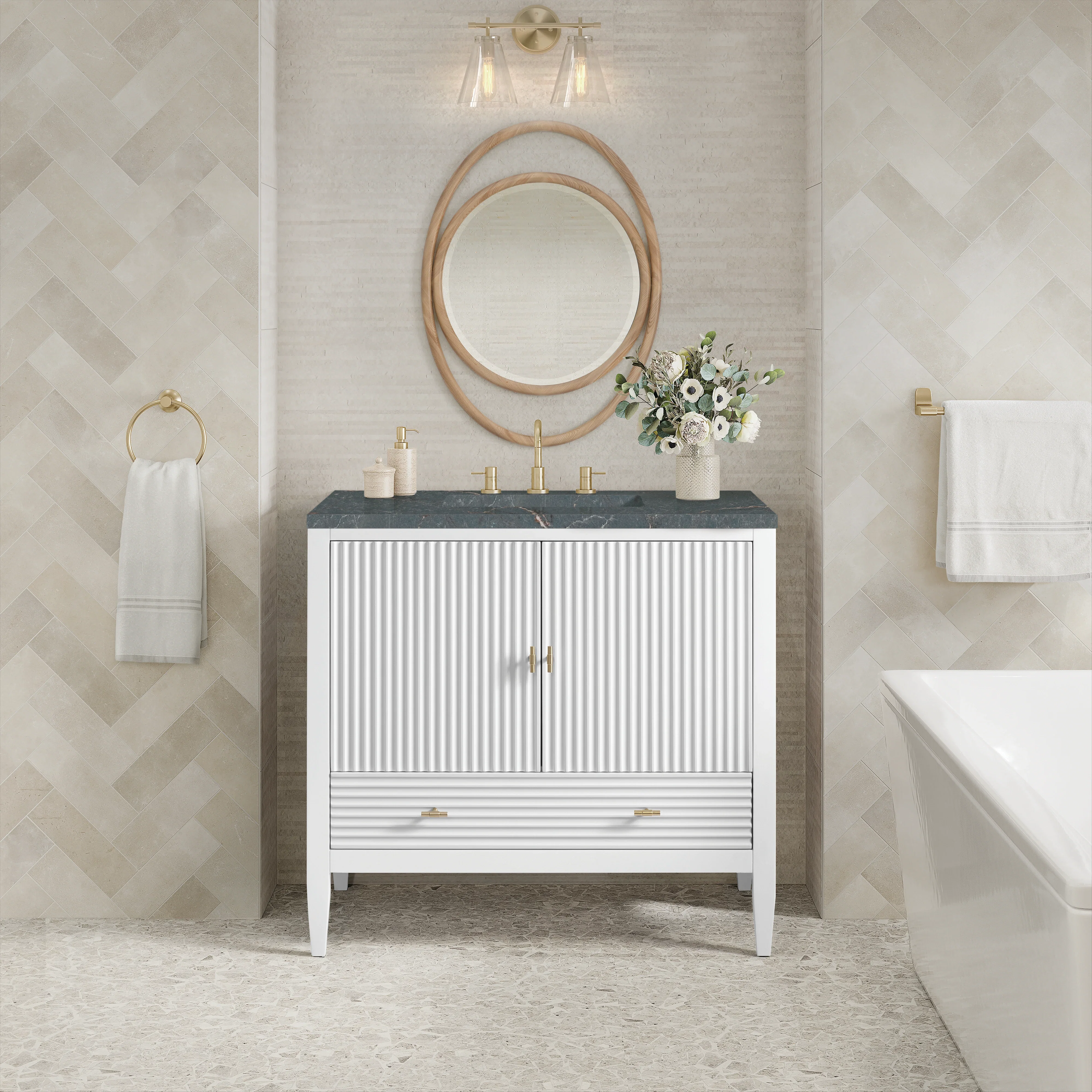 Myrrin 36" Vanity, Bright White w/ 3 CM Parisien Bleu Silestone Top