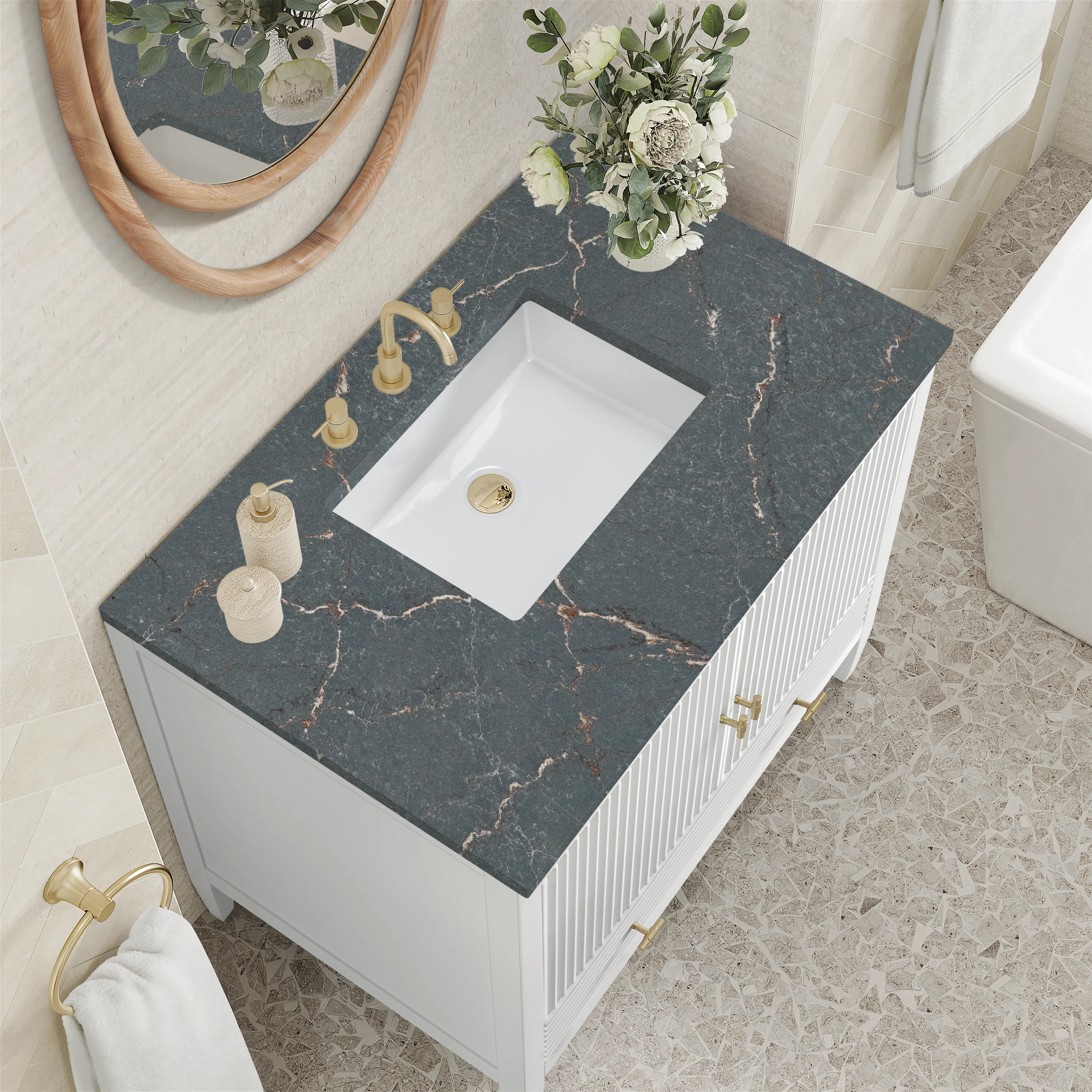 Myrrin 36" Vanity, Bright White w/ 3 CM Parisien Bleu Silestone Top