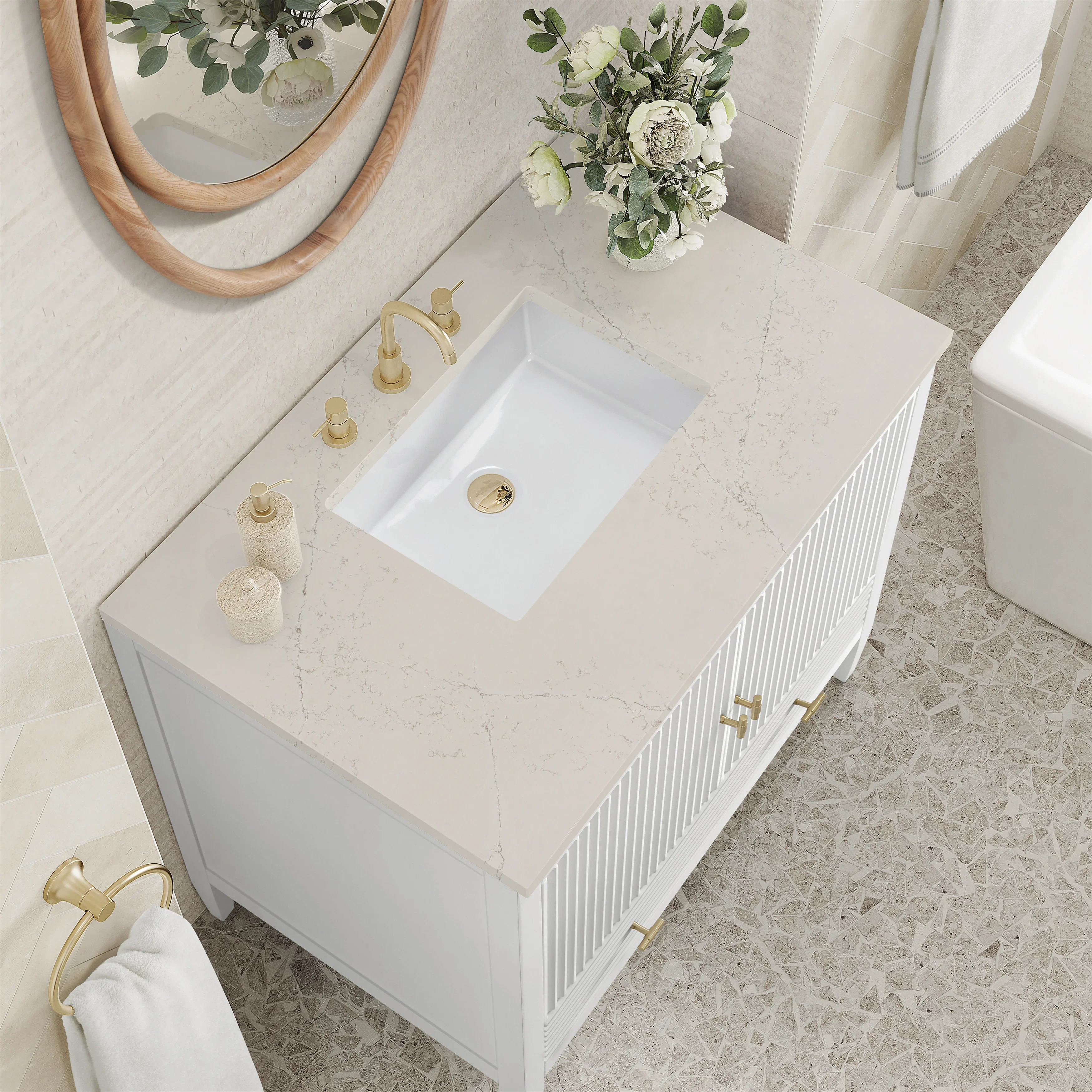 Myrrin 36" Vanity, Bright White, w/ 3 CM Siberian Silestone Top
