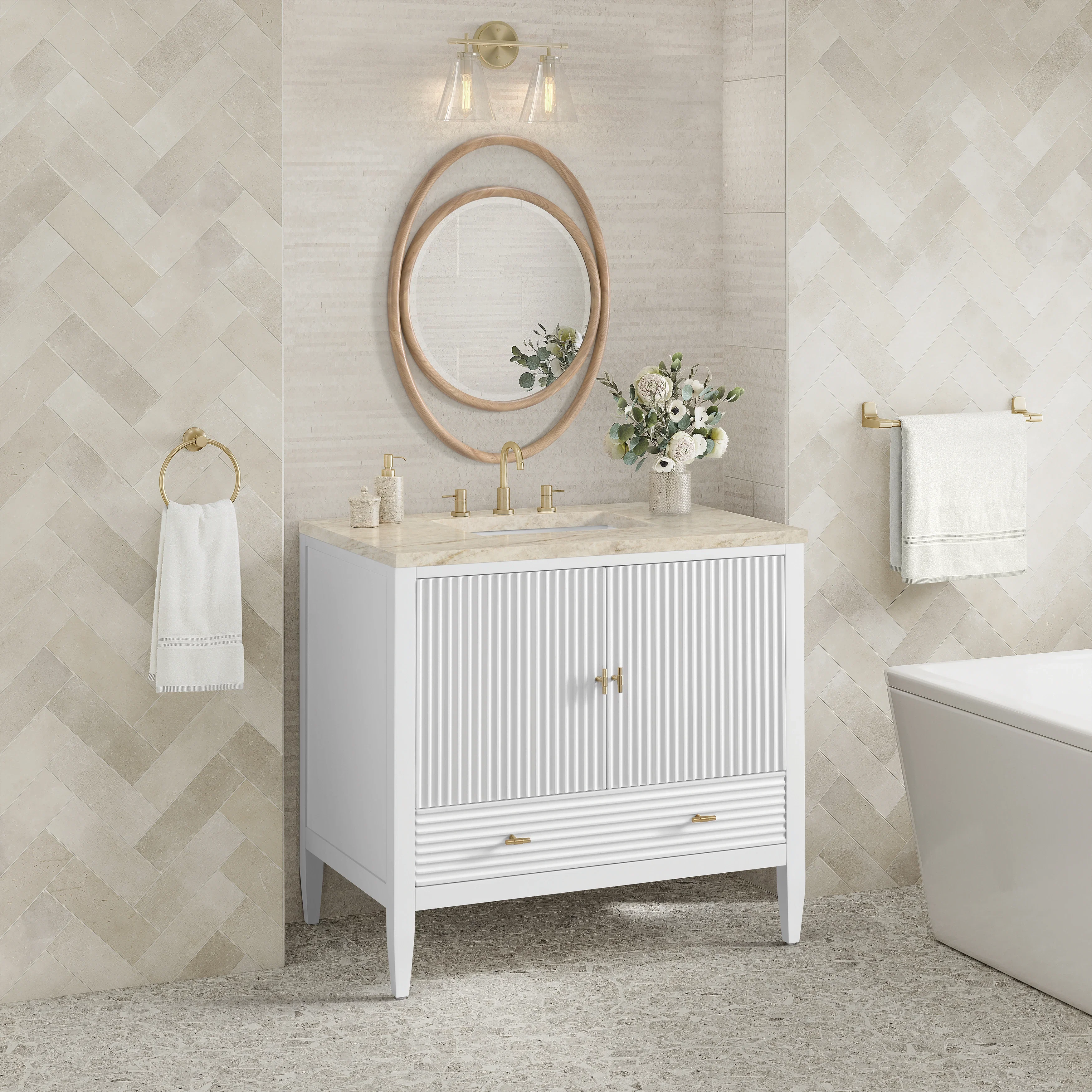 Myrrin 36" Vanity, Bright White, w/ 3 CM Tajnar Eclos Top